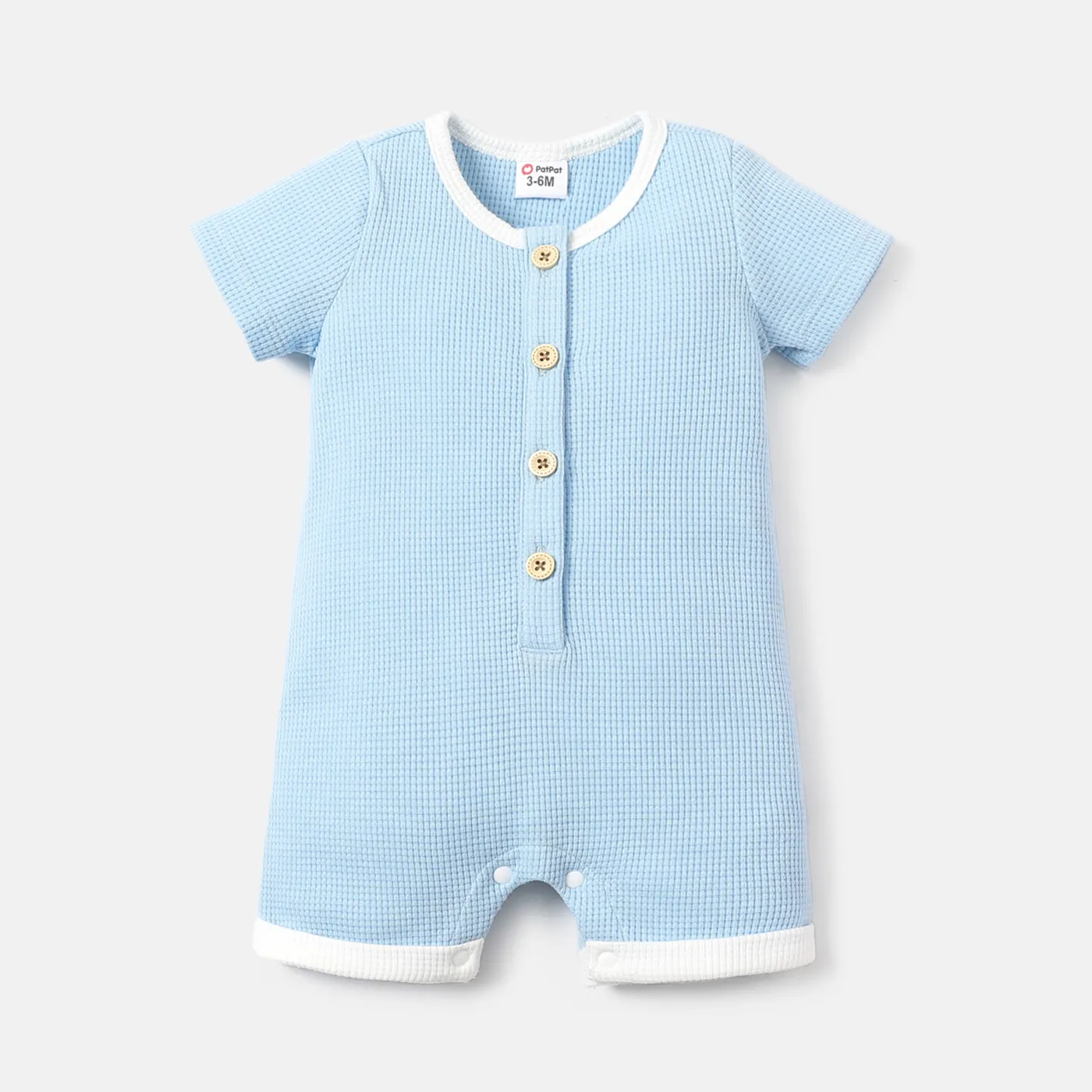 Baby Boy/Girl Button Front Solid Waffle Textured Short-sleeve Romper Light Blue