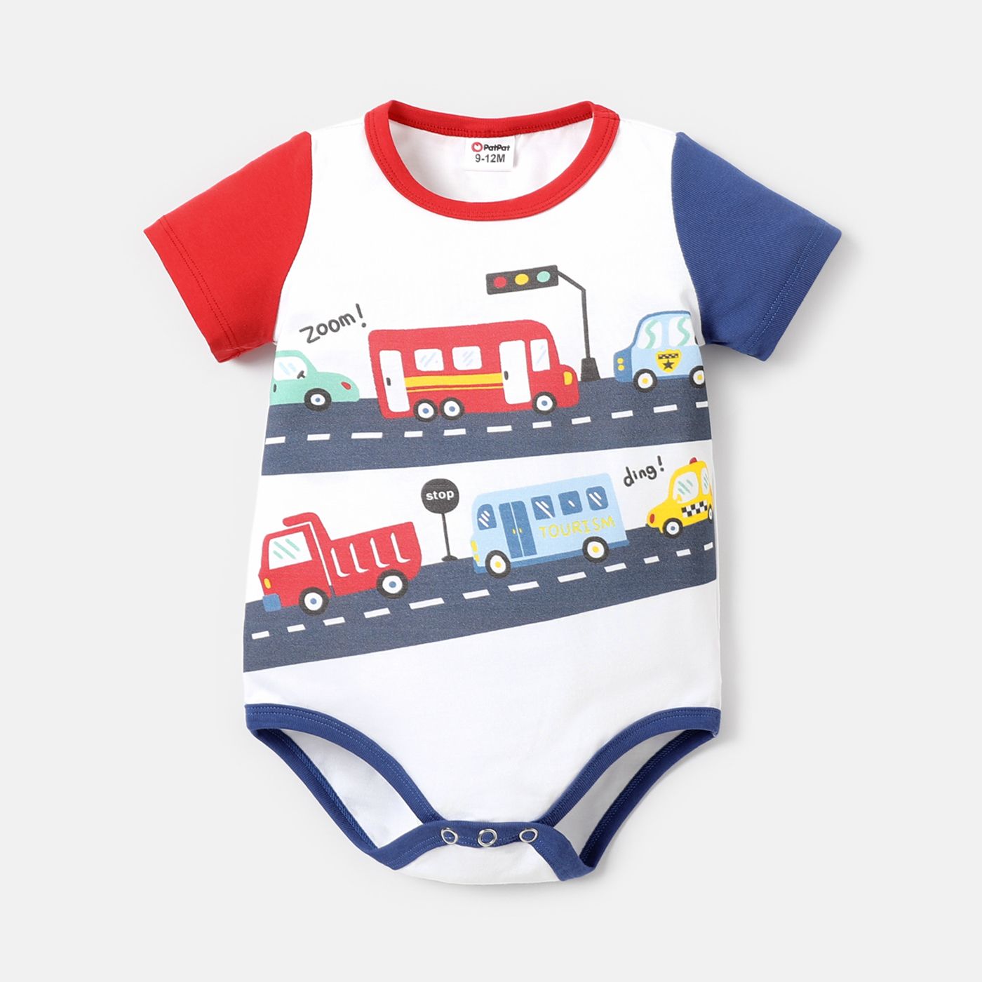 

Baby Boy 100% Cotton Colorblock Short-sleeve Vehicle Print Romper