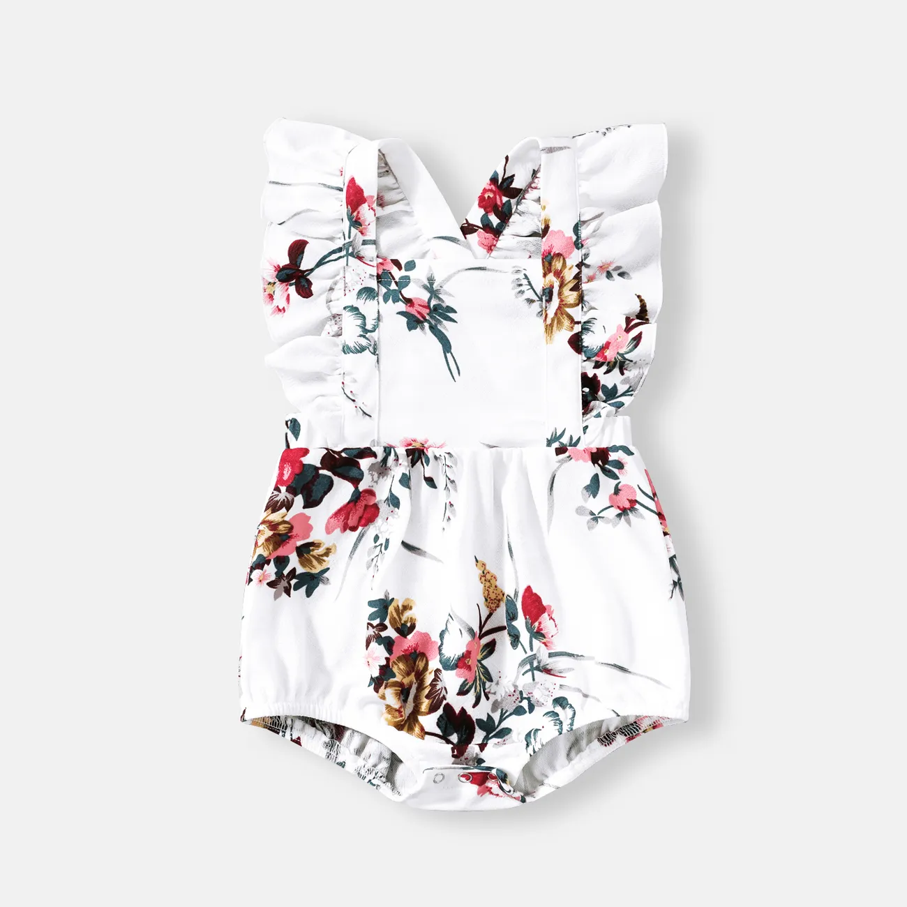 All Over Floral Print White Halter Neck Off Shoulder Belted Romper Shorts for Mom and Me  big image 1