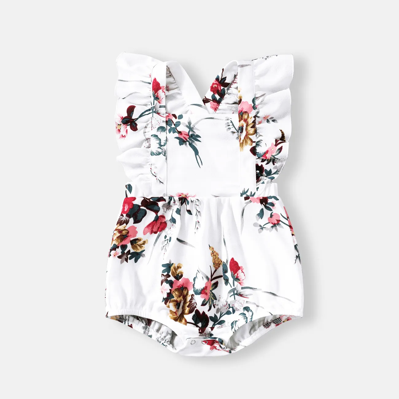 All Over Floral Print White Halter Neck Off Shoulder Belted Romper Shorts for Mom and Me big image 1