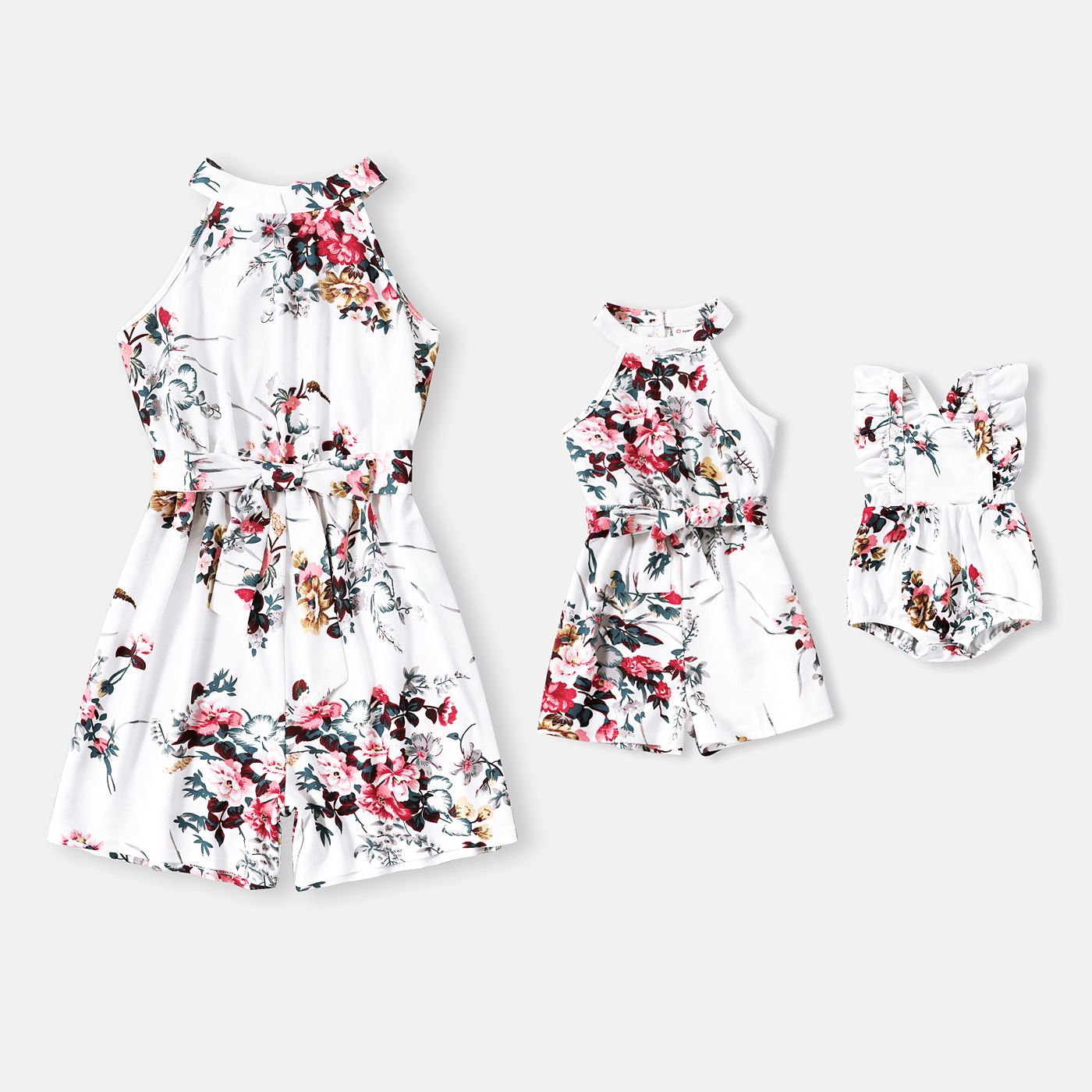 All Over Floral Print White Halter Neck Off Shoulder Belted Romper Shorts for Mom and Me