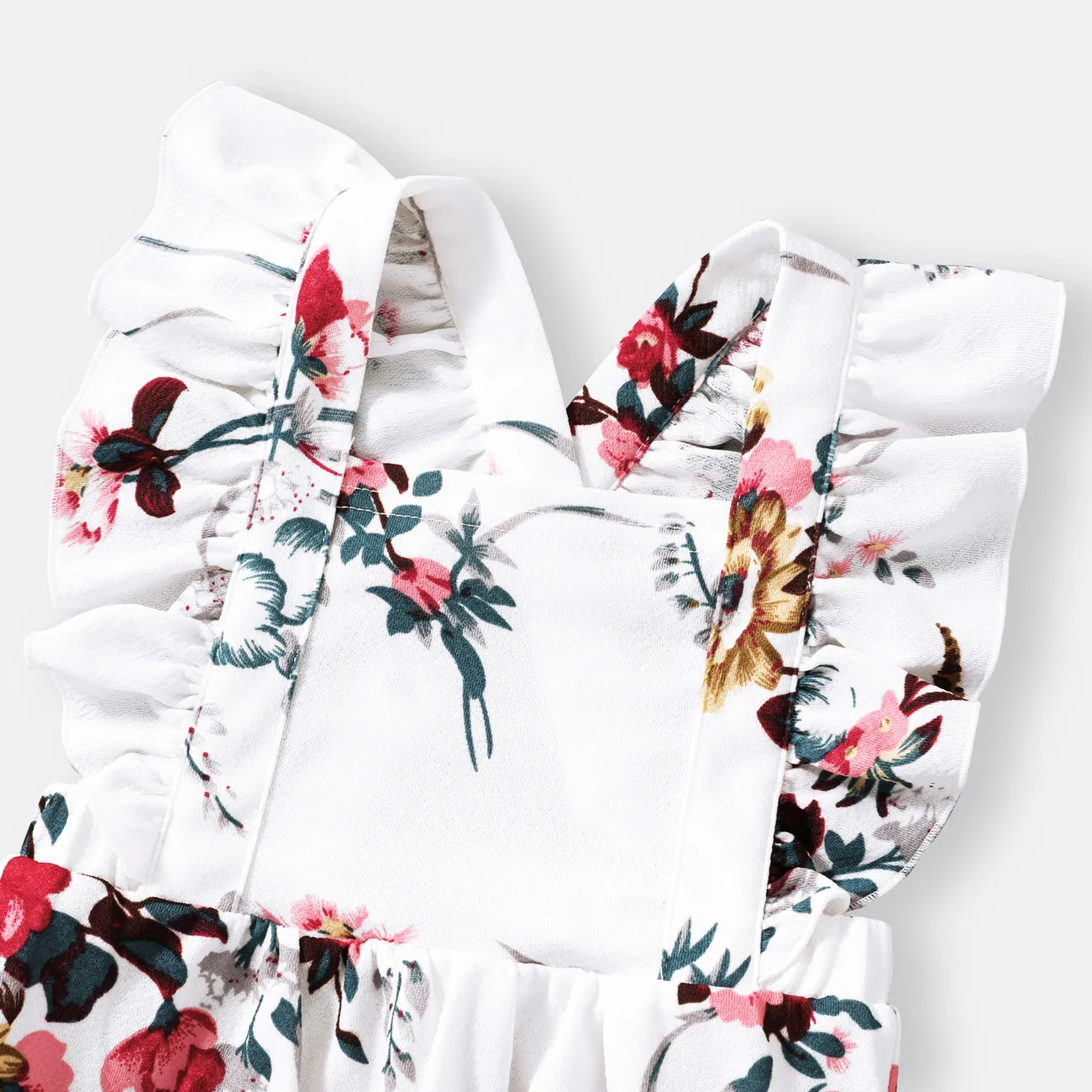 All Over Floral Print White Halter Neck Off Shoulder Belted Romper Shorts for Mom and Me White big image 1