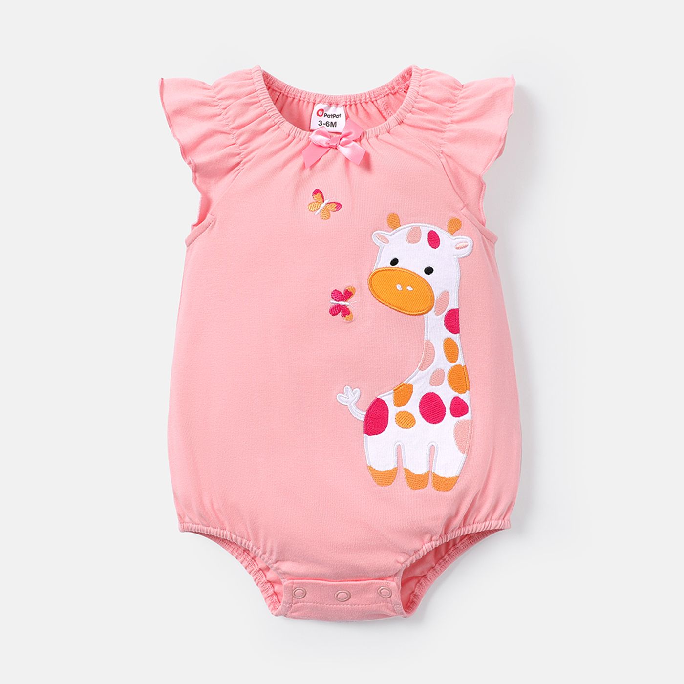 

Baby Girl Cotton Giraffe Embroidered Flutter-sleeve Rompers