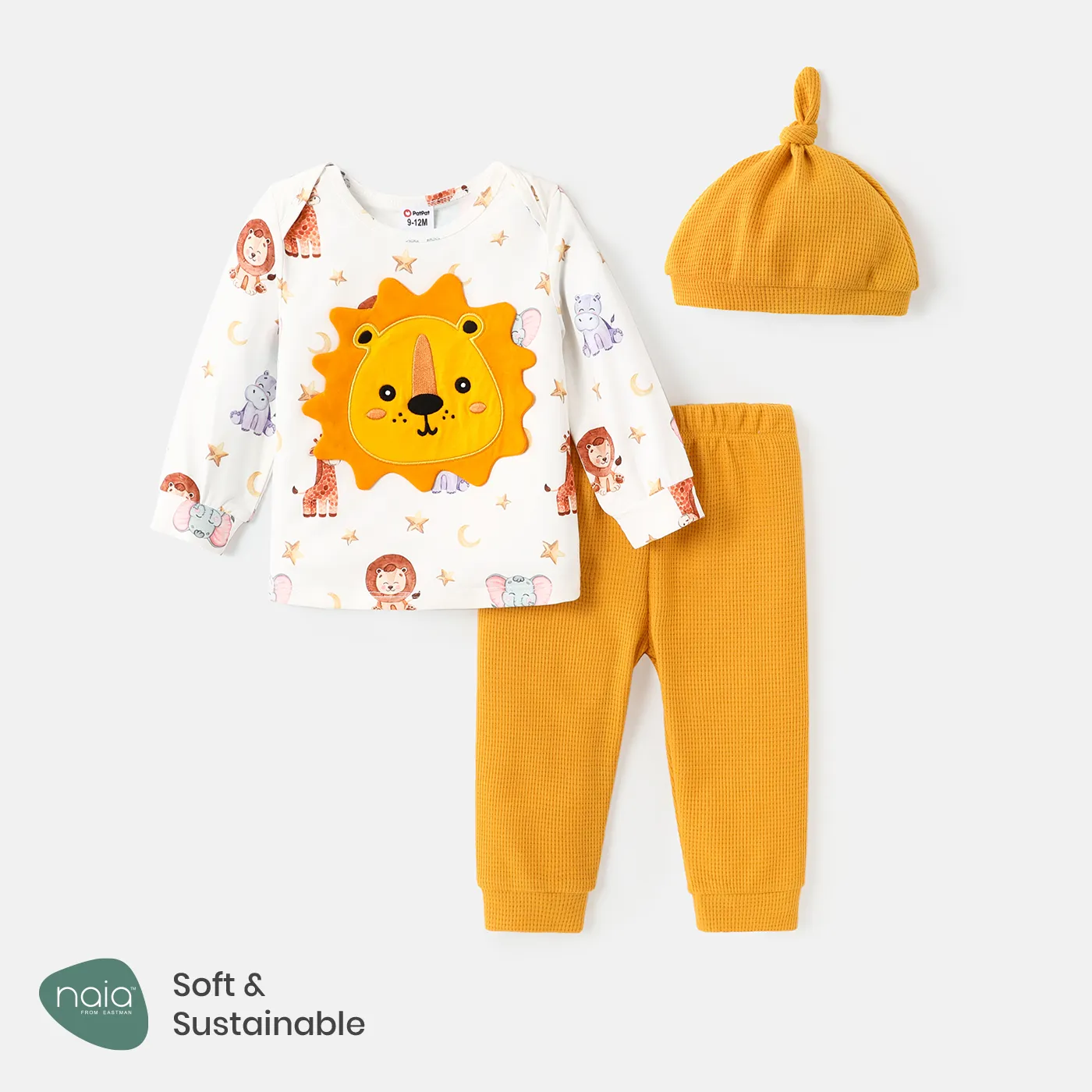 3pcs Baby Boy Long-sleeve Lion Graphic Naia™ Sweatshirt and Solid Sweatpants & Hat Set ColorBlock big image 1