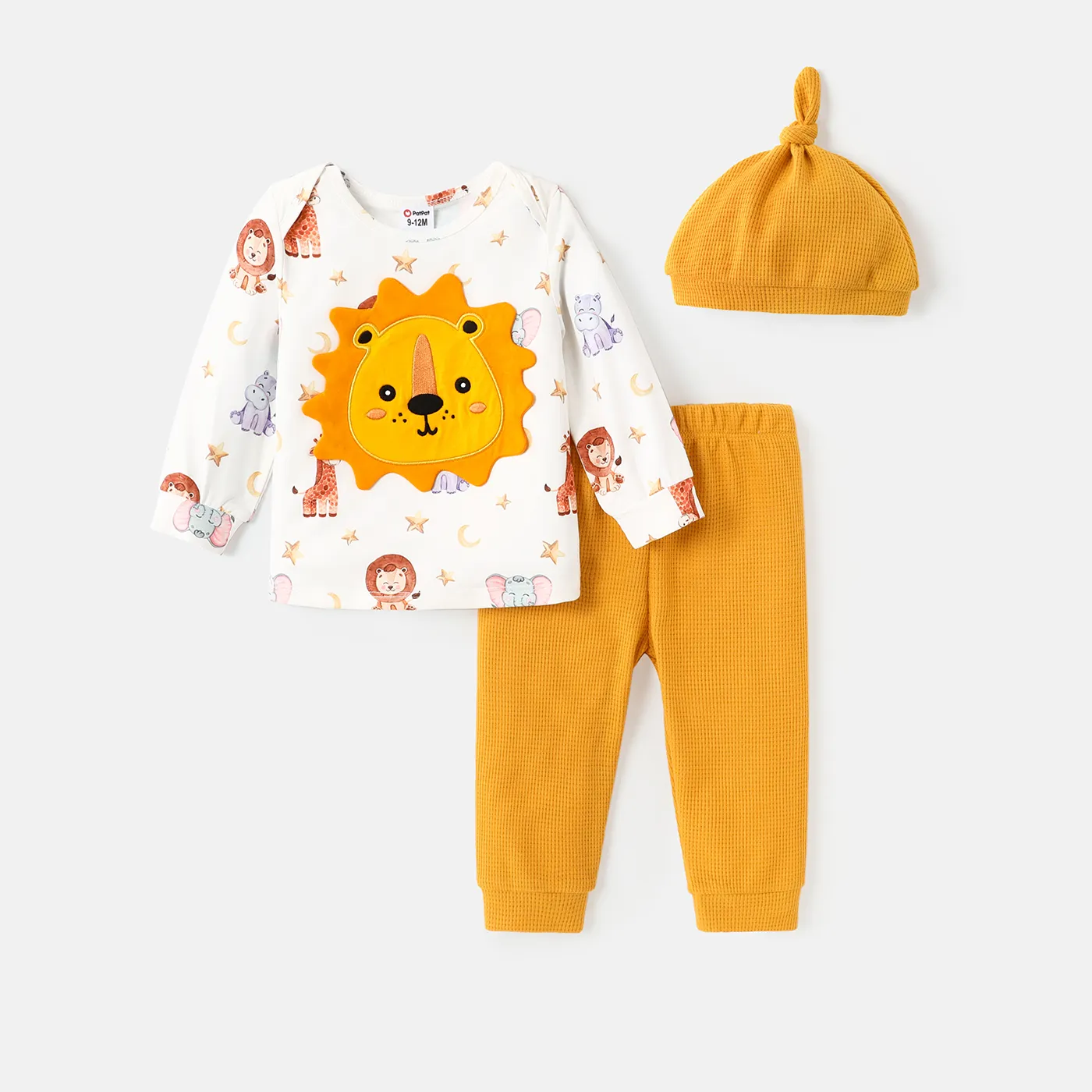 3pcs Baby Boy Long-sleeve Lion Graphic Naia™ Sweatshirt and Solid Sweatpants & Hat Set ColorBlock image 5