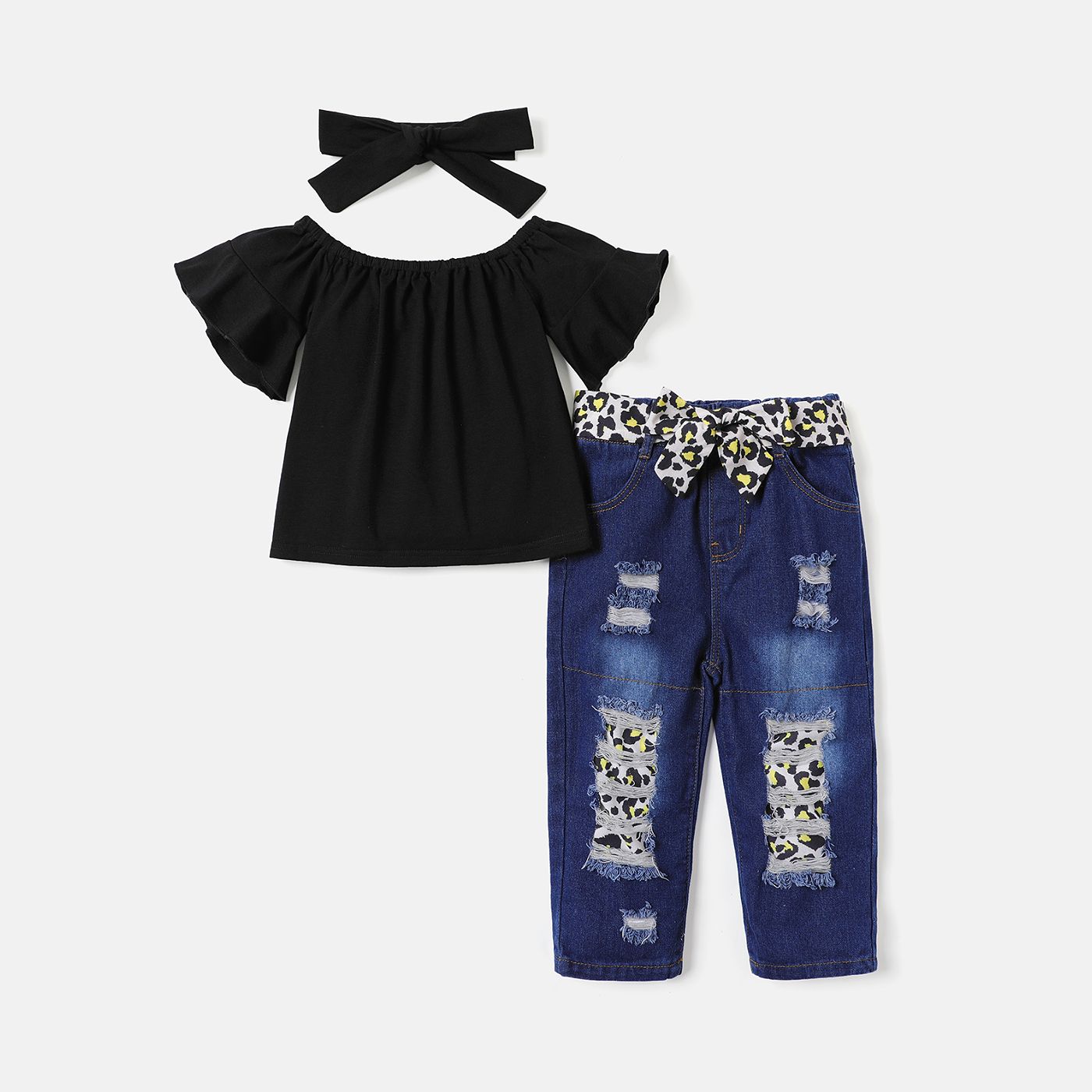 4pcs Toddler Girl Off Shoulder Short-sleeve Tee And Belted Ripped Denim Jeans & Headband Set