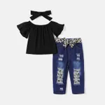 4pcs Toddler Girl Off Shoulder Short-sleeve Tee and Belted Ripped Denim Jeans & Headband Set Black