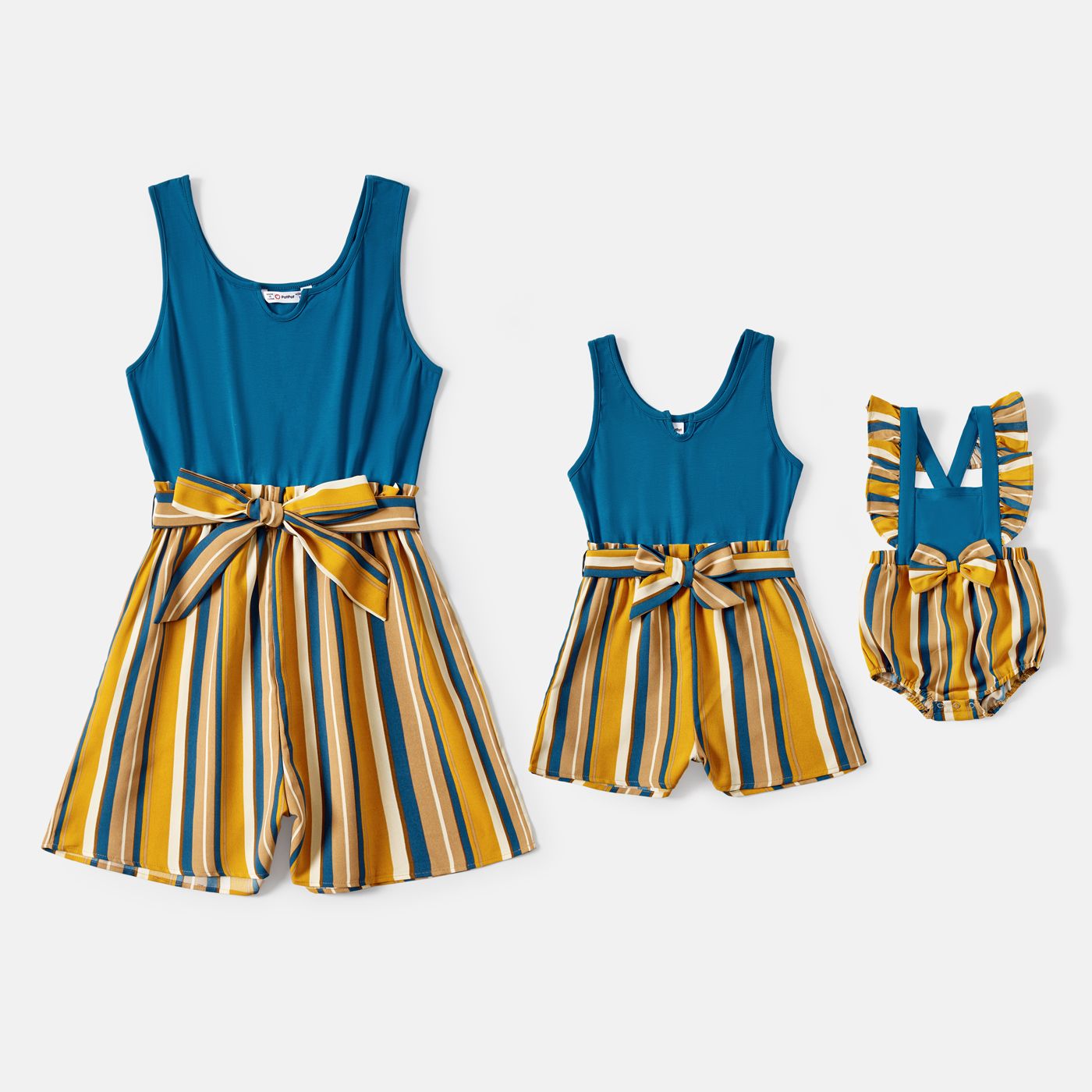 

Mommy and Me Solid Cotton Spliced Striped Belted Tank Rompers