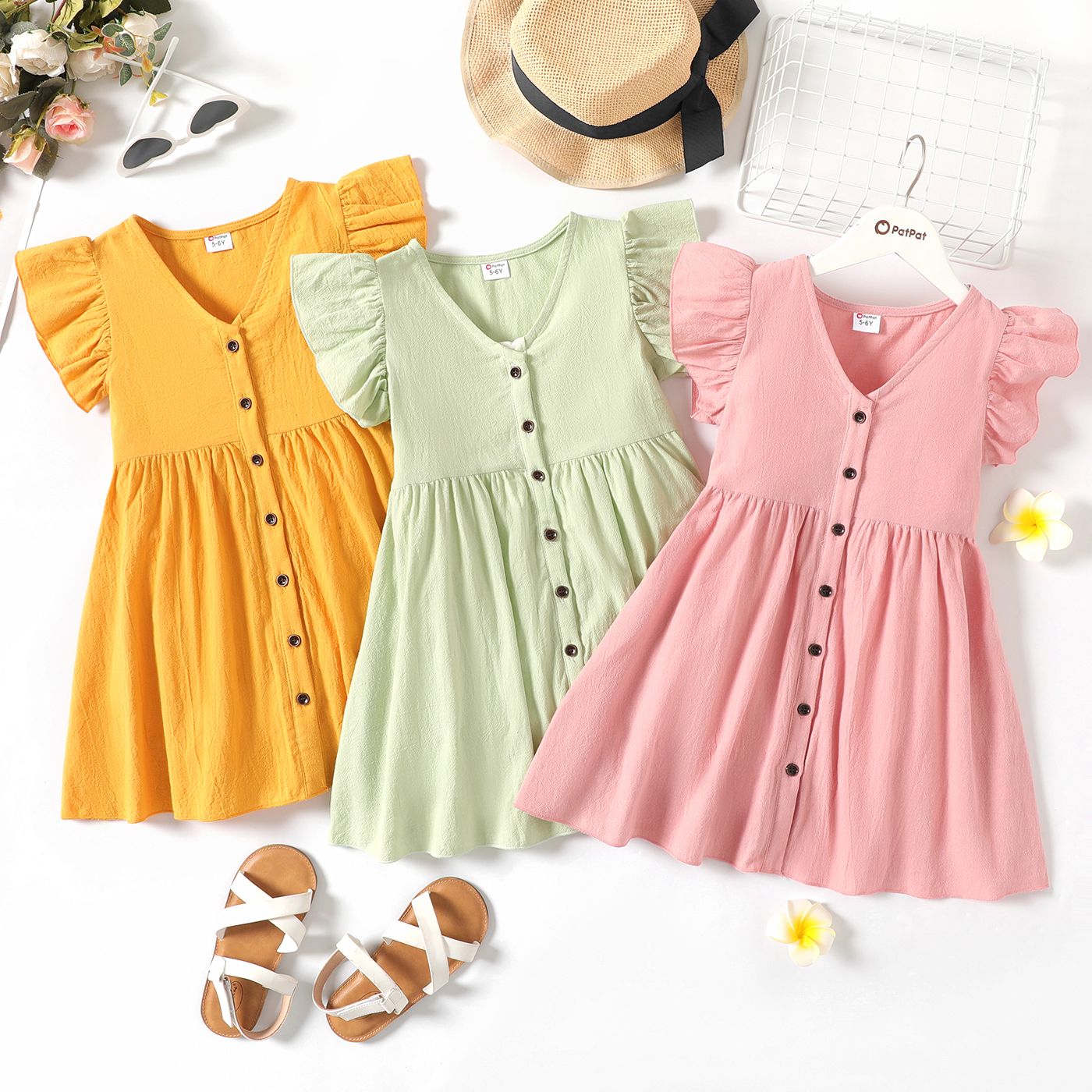 

100% Cotton Kid Girl Solid Ruffle-sleeve Button Up Dress