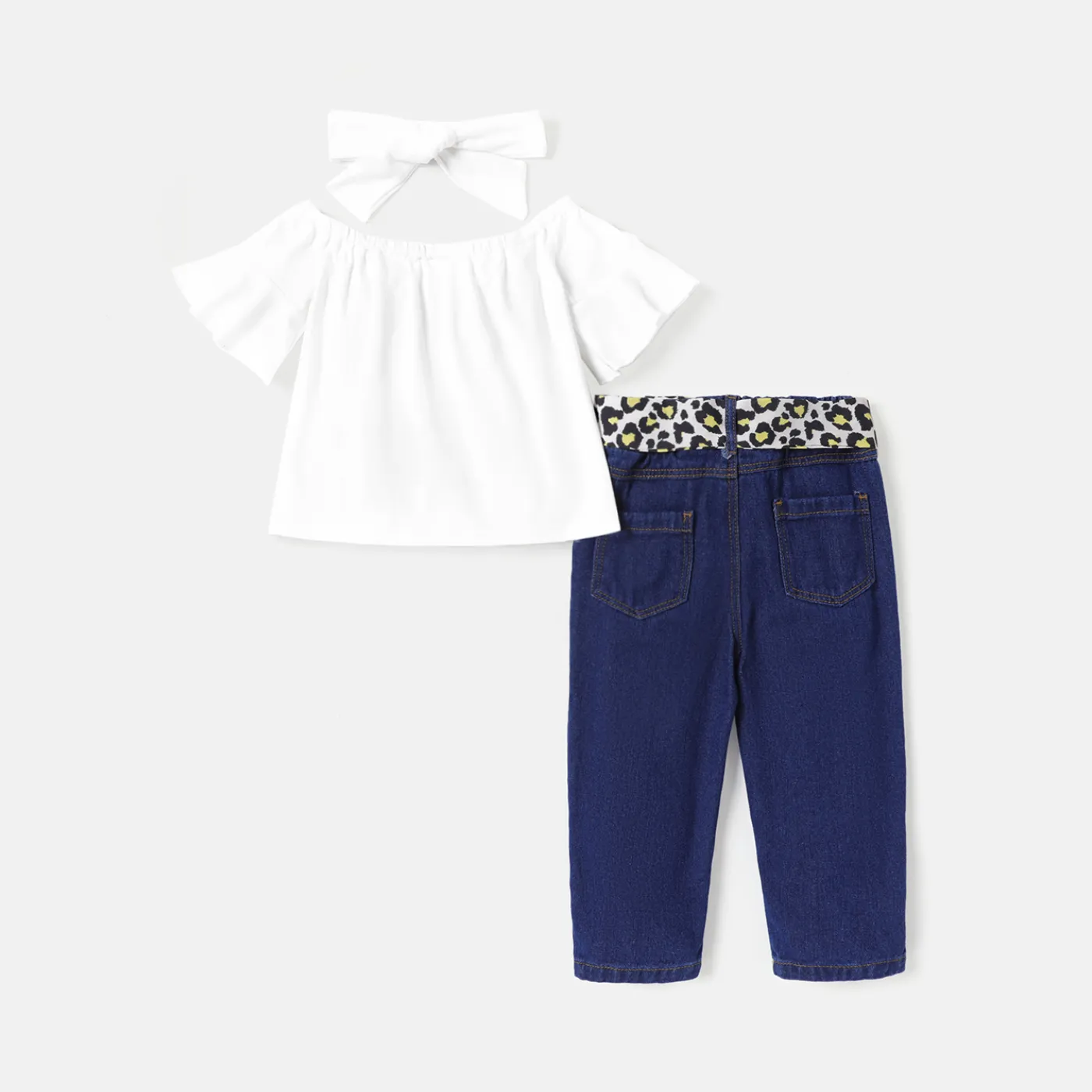 4pcs Toddler Girl Off Shoulder Short-sleeve Tee and Belted Ripped Denim Jeans & Headband Set  image 3