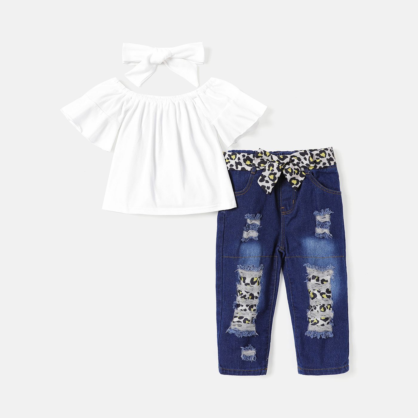4pcs Toddler Girl Off Shoulder Short-sleeve Tee And Belted Ripped Denim Jeans & Headband Set