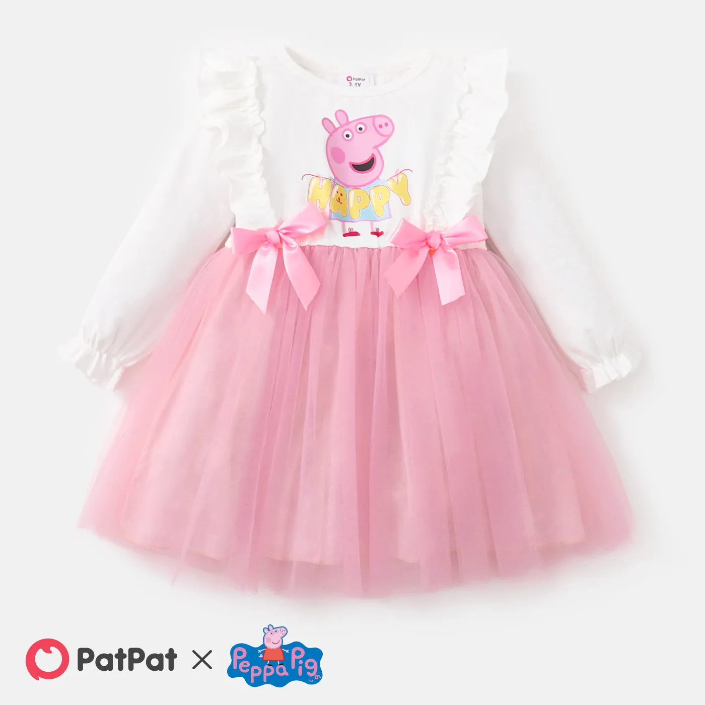 Peppa Pig Toddler Girl Bowknot Design Cotton Mesh Splice Long-sleeve Fairy Dress