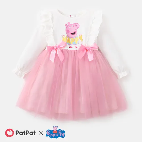 Peppa Pig Toddler Girl Bowknot Design Cotton Mesh Splice Long-sleeve Fairy Dress