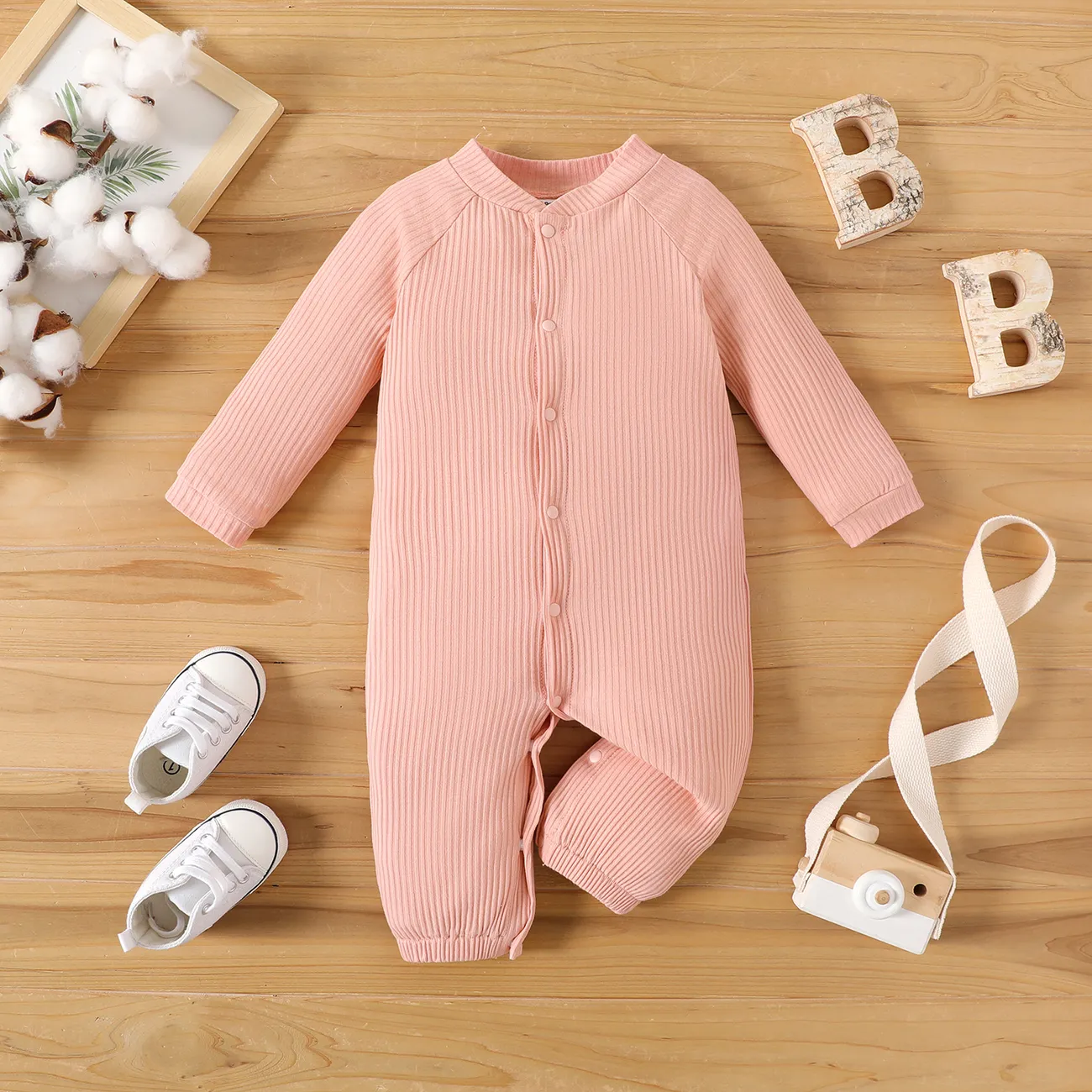 Baby Boy/Girl 95% Cotton Solid Ribbed Long-sleeve 2-in-1 Jumpsuit/Dress Pink big image 1