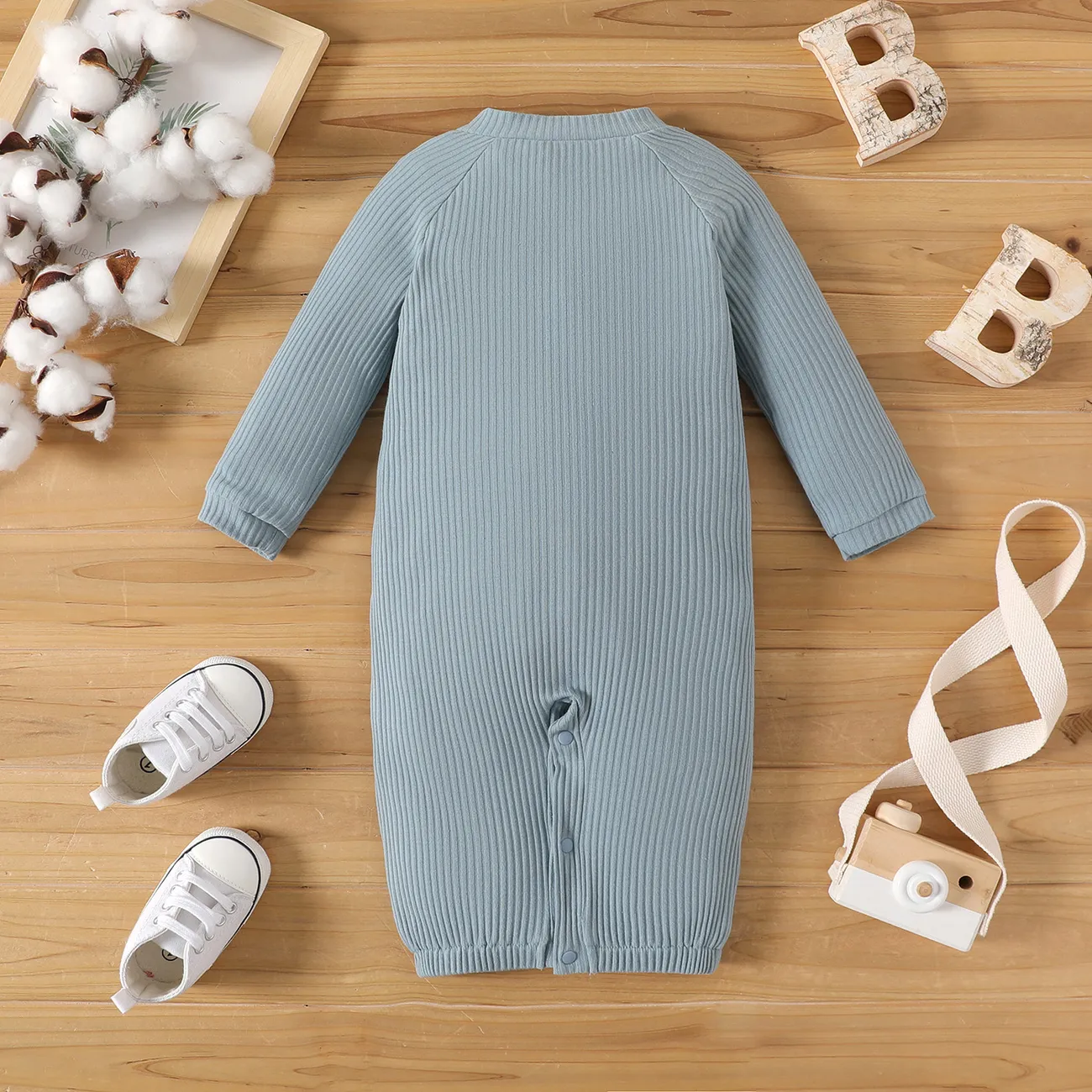 Baby Boy/Girl 95% Cotton Solid Ribbed Long-sleeve 2-in-1 Jumpsuit/Dress Blue big image 1