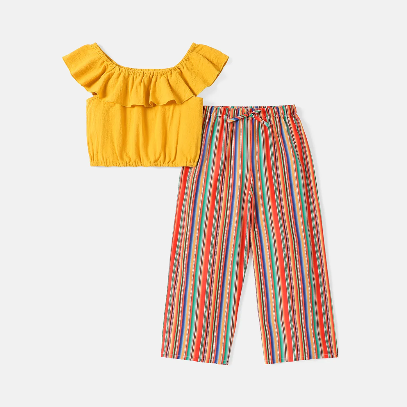 2pcs Kid Girl Flounce Off Shoulder Tee and Stripe/Floral Print Pants Set Yellow big image 1