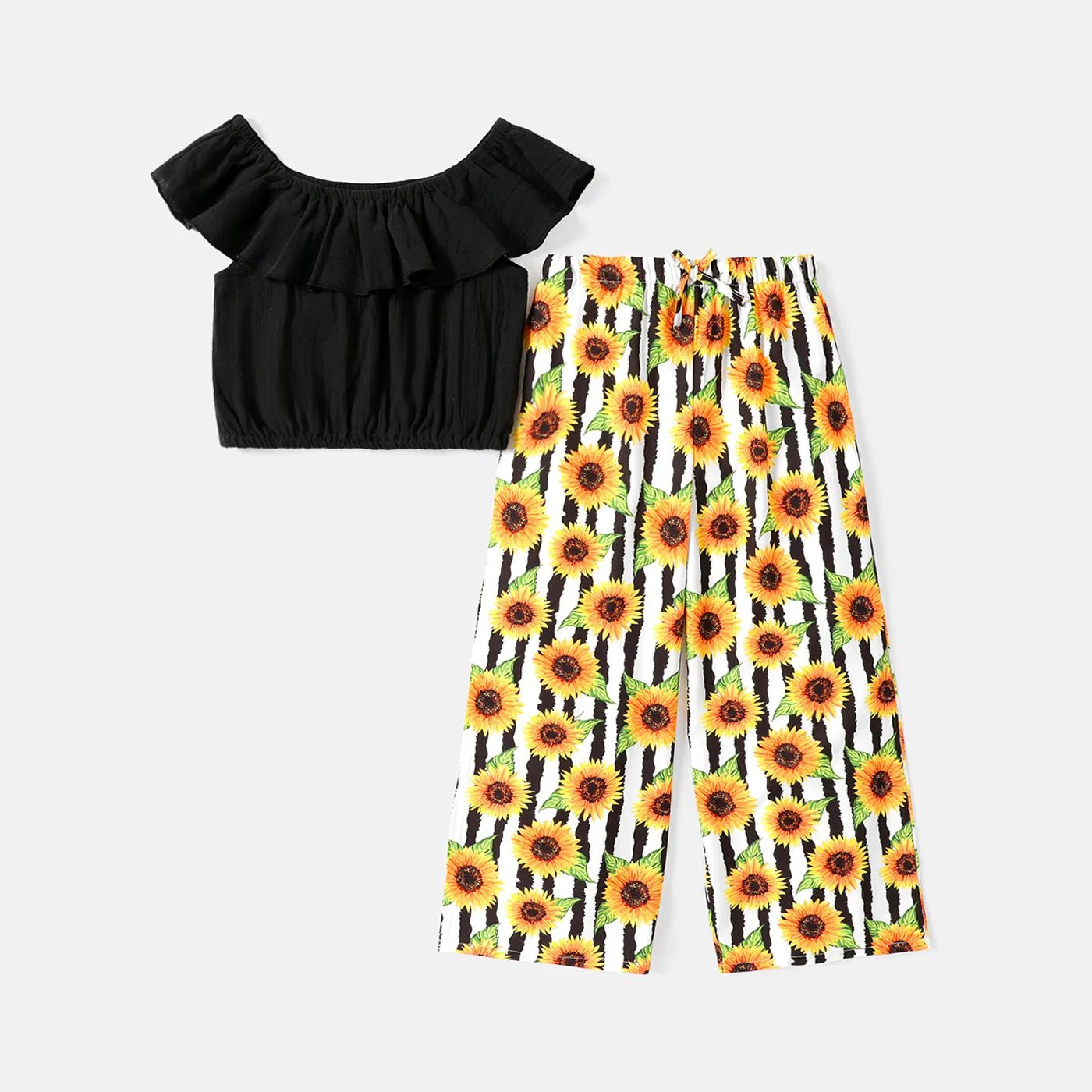 2pcs Kid Girl Flounce Off Shoulder Tee and Stripe/Floral Print Pants Set Black