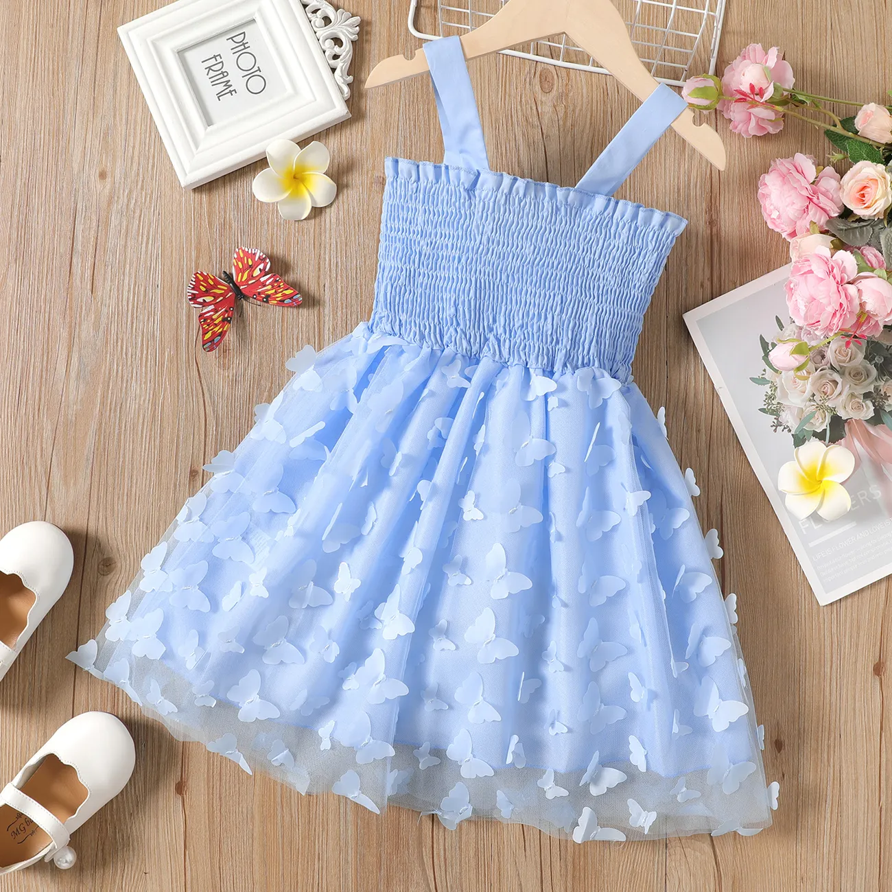 Kid Girl 3D Butterfly Design Mesh Splice Smocked Slip Fairy Dress Light Blue big image 1