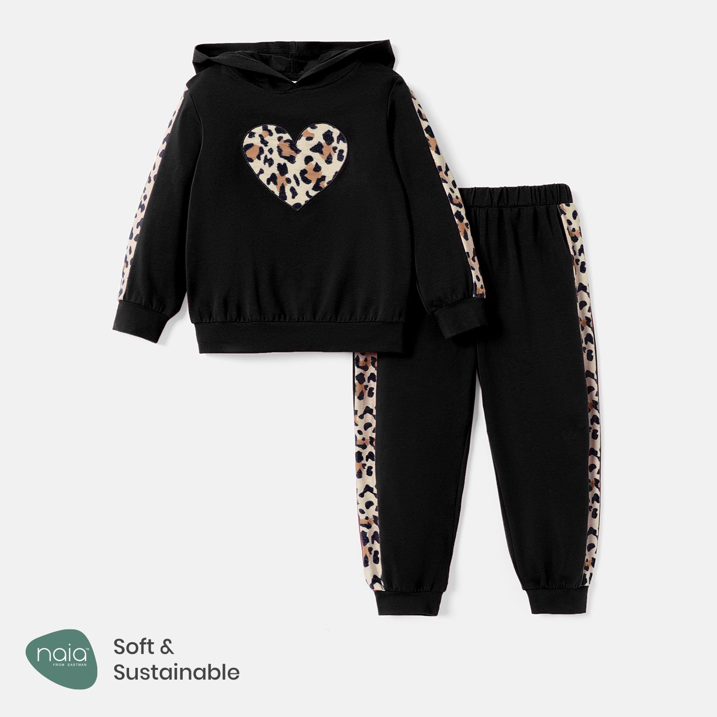 2pcs Toddler Girl Naia Leopard Print Heart Embroidered Ear Design Hoodie Sweatshirt And Pants Set