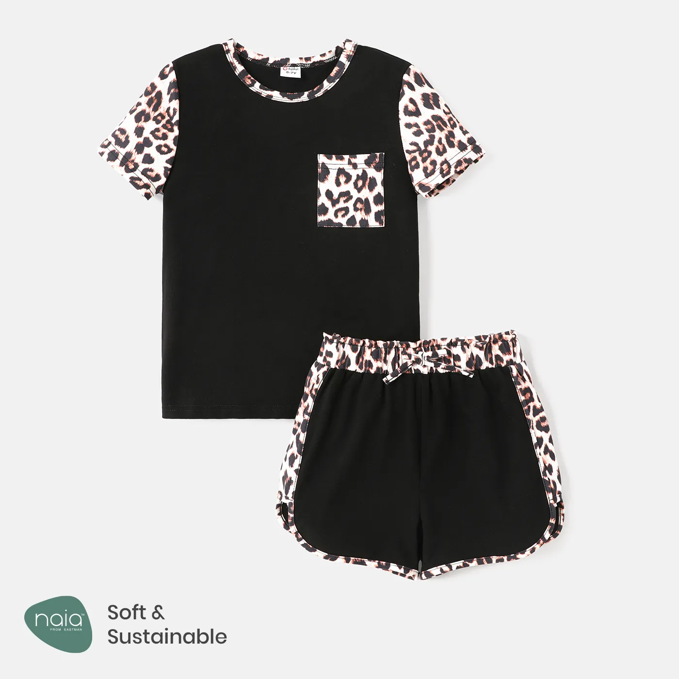 2pcs Kid Girl Naia Leopard Print Colorblock Short-sleeve Tee And Shorts Set