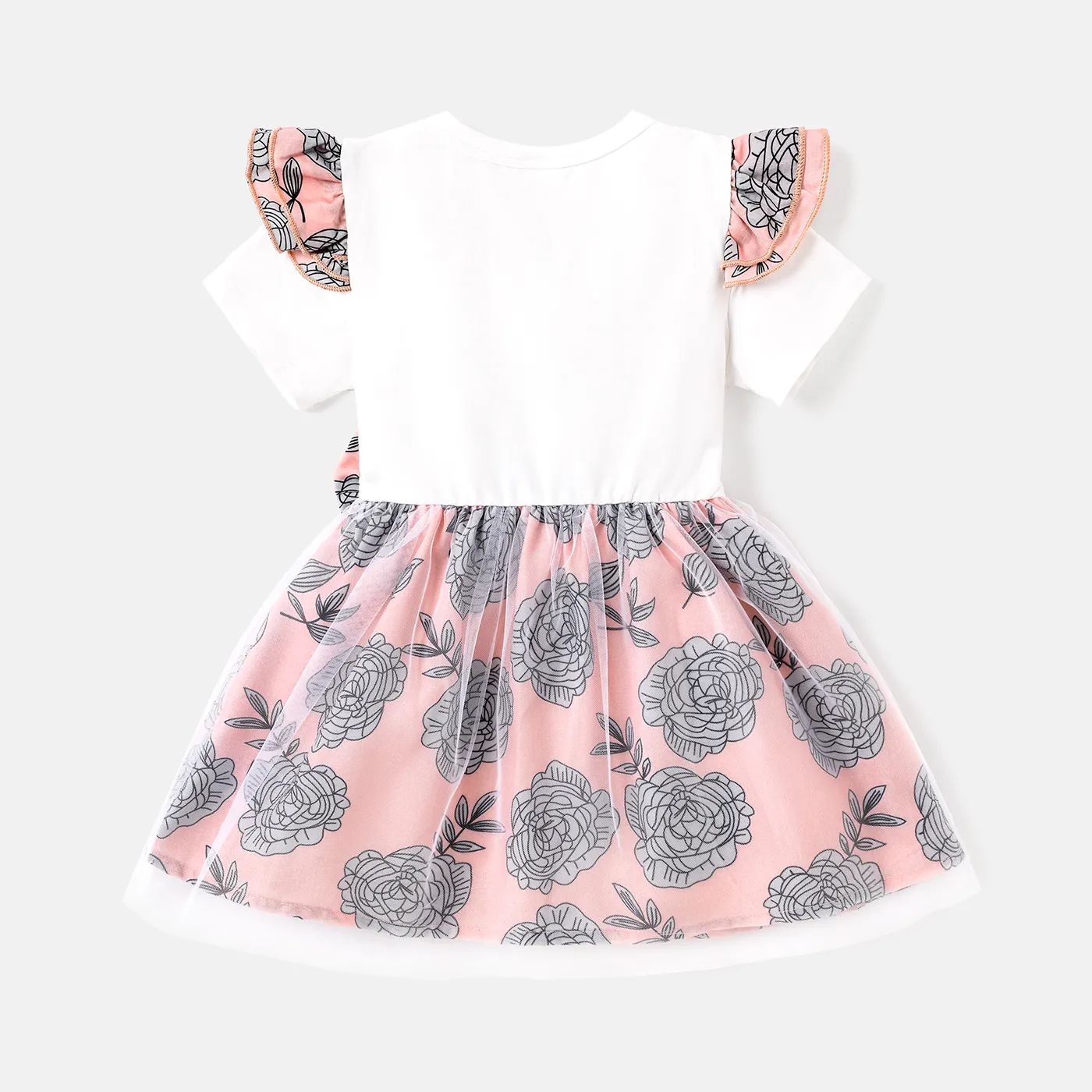 Baby Girl Letter Graphic Cotton Ruffle Short-sleeve Spliced Floral Print Bow Front Mesh Dress  image 2