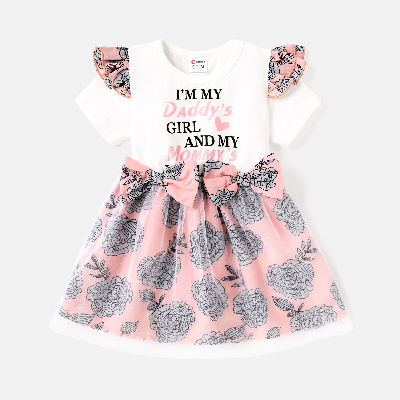 Baby Girl Letter Graphic Cotton Ruffle Short-sleeve Spliced Floral Print Bow Front Mesh Dress