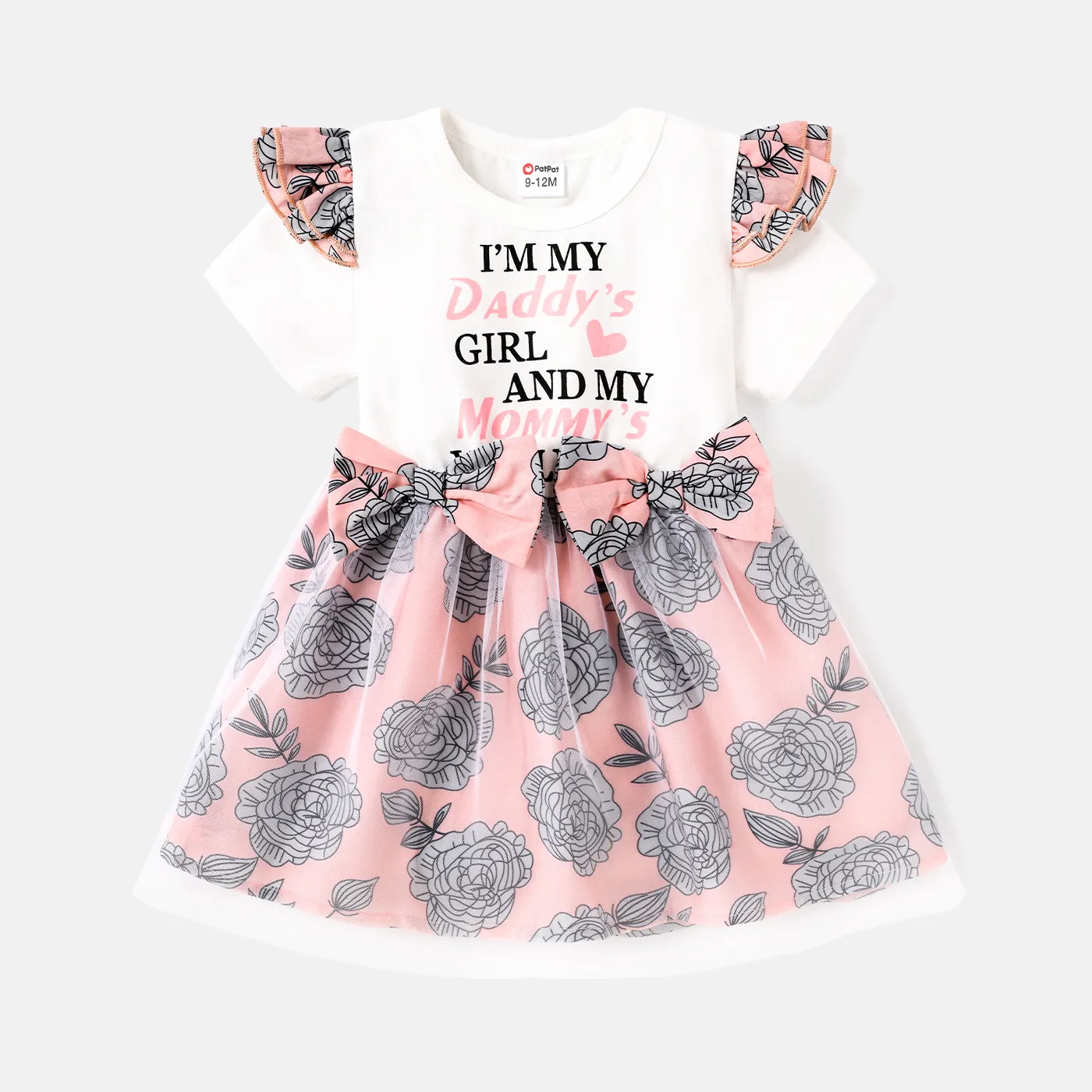 Baby Girl Letter Graphic Cotton Ruffle Short-sleeve Spliced Floral Print Bow Front Mesh Dress  big image 1
