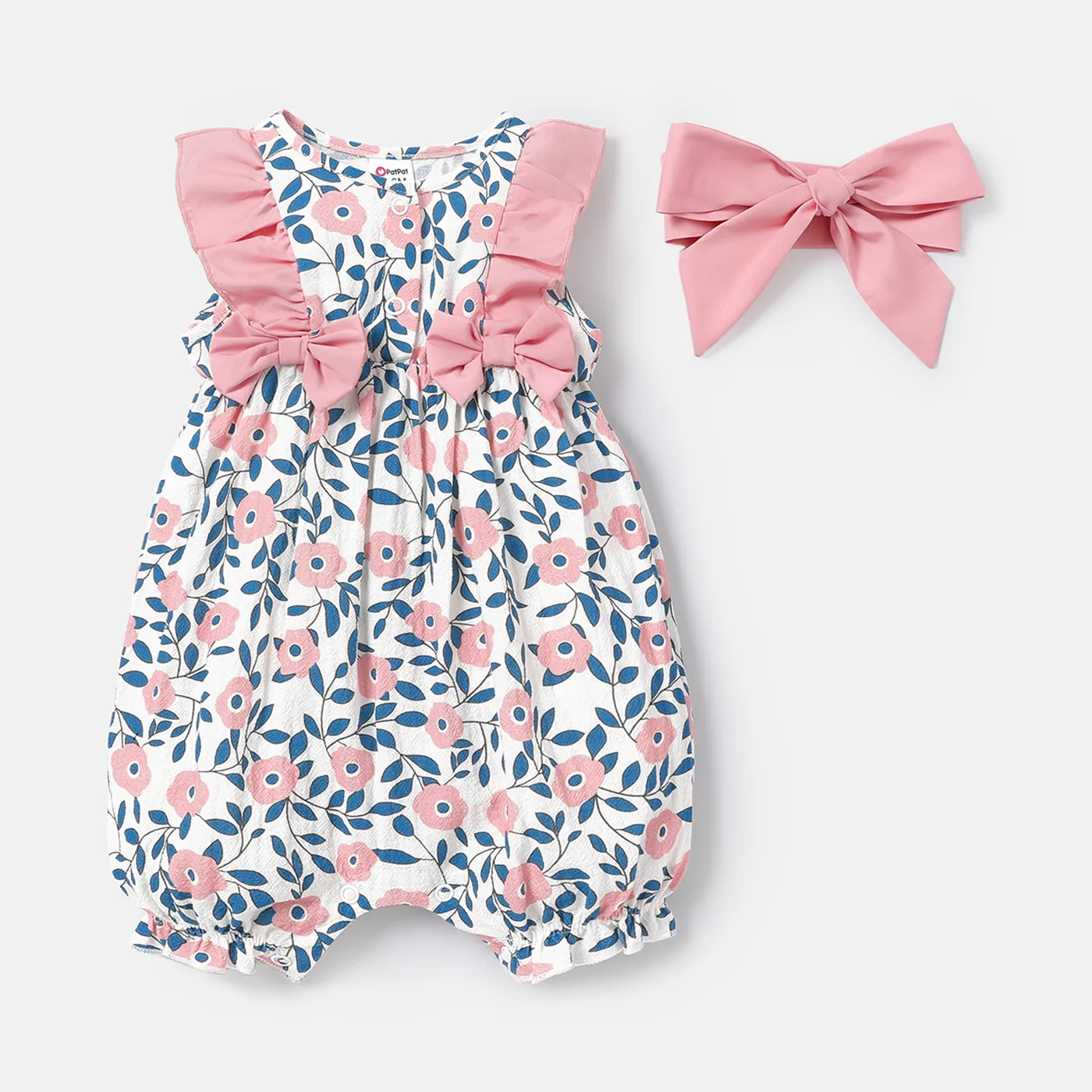 

Baby Girl 100% Cotton Floral Print Bowknot Design Flutter-sleeve Rompers