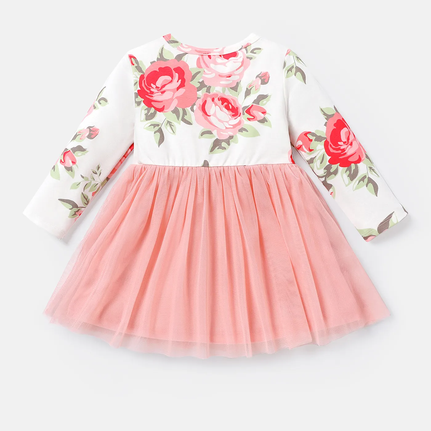 Baby Girl Letter Graphic Floral Print Long-sleeve Bow Front Naia™ Spliced Mesh Dress Pink image 2