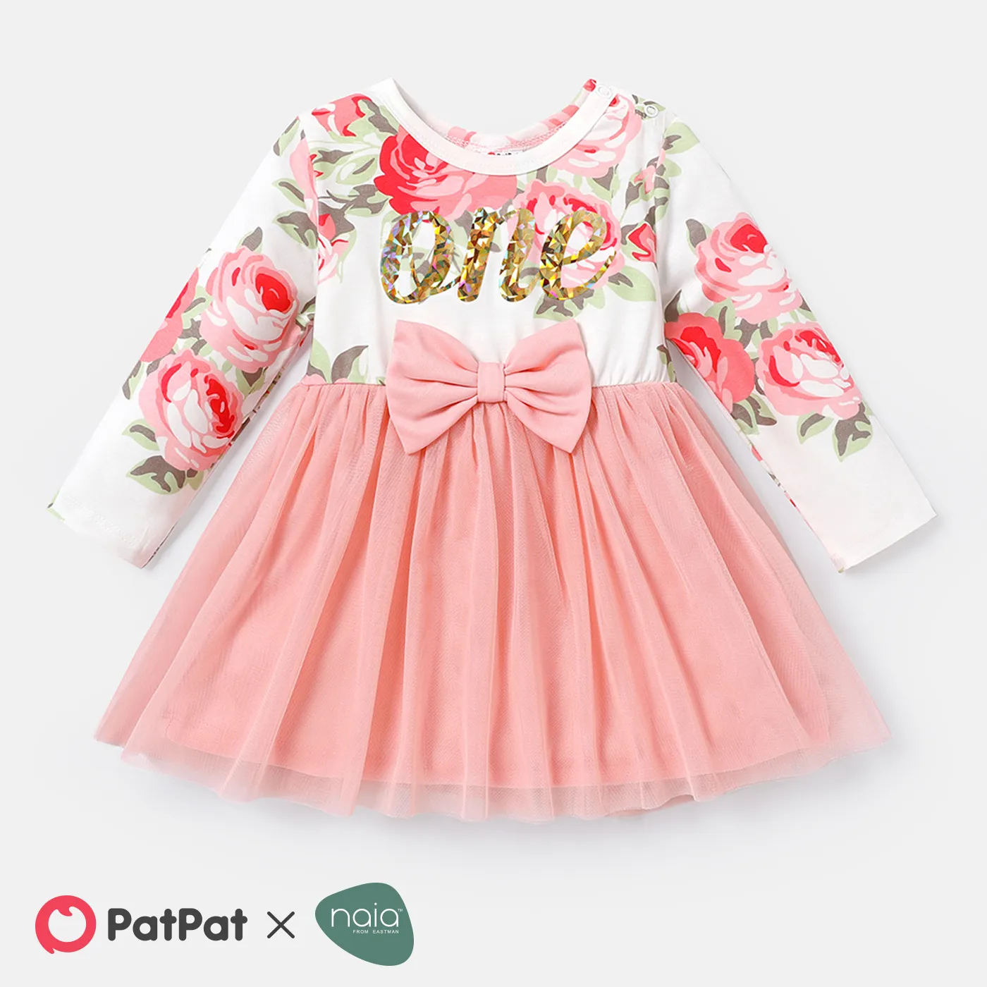 Baby Girl Letter Graphic Floral Print Long-sleeve Bow Front Naia™ Spliced Mesh Dress Pink big image 1