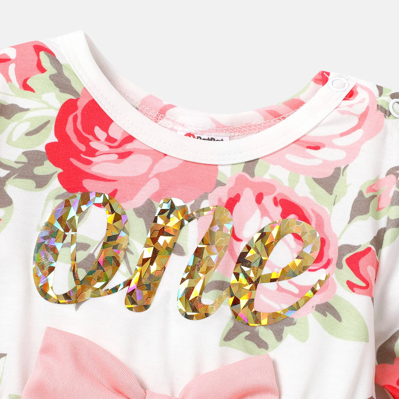 Baby Girl Letter Graphic Floral Print Long-sleeve Bow Front Naia™ Spliced Mesh Dress Pink image 3