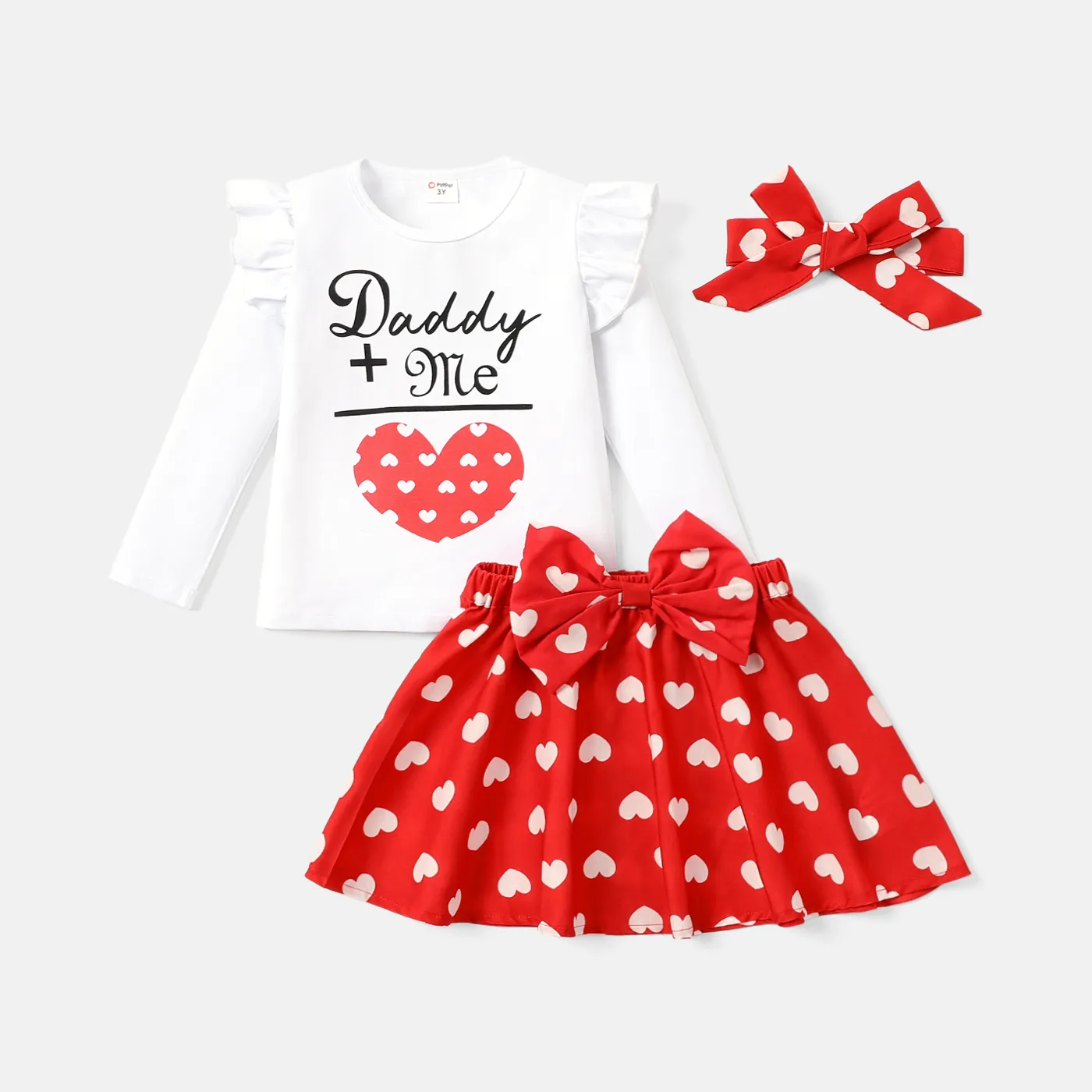 2pcs Toddler Girl Valentine's Day Heart Print Ruffled Long-sleeve Tee and Bows Design Skirt Set