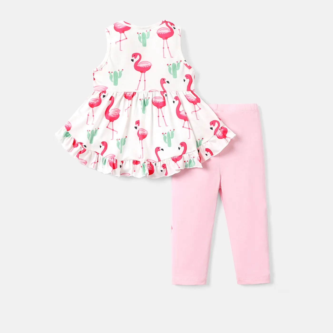 2pcs Baby Girl Cotton Leggings and Bow Front Flamingo Print Ruffle High Low Hem Naia™ Tank Top Set Pink image 2