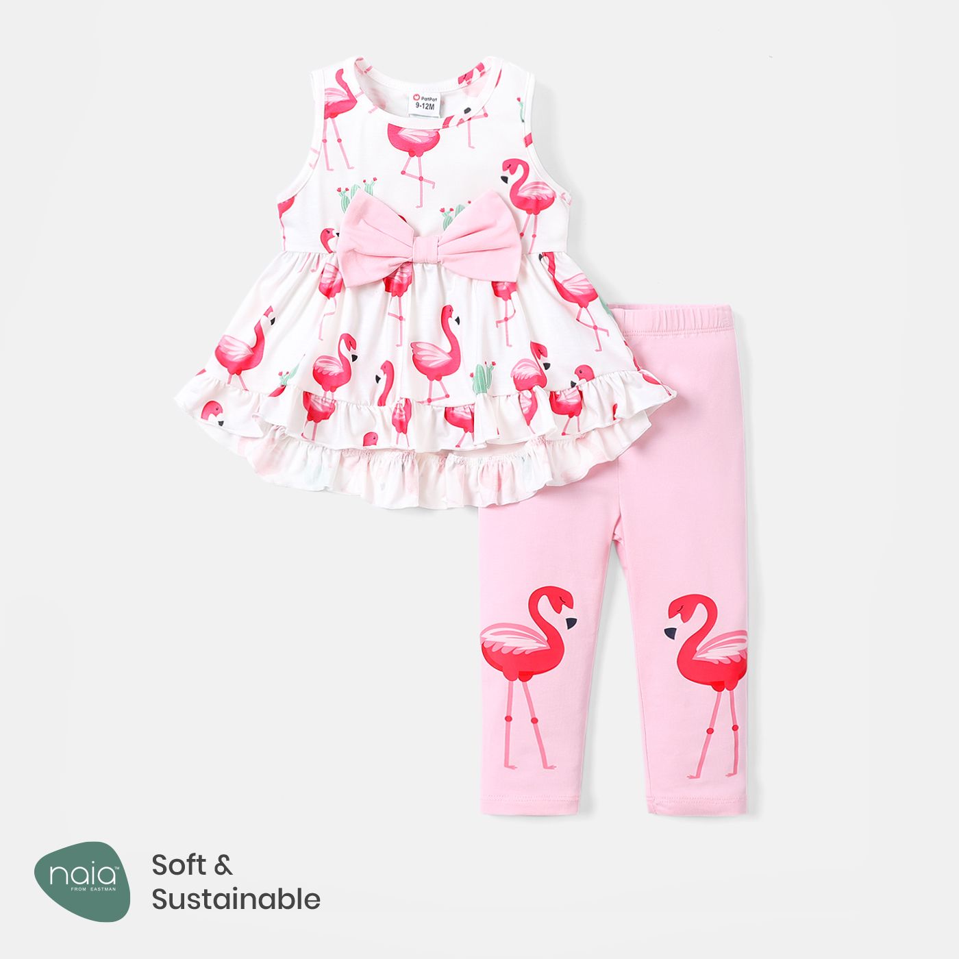 2pcs Baby Girl Cotton Leggings And Bow Front Flamingo Print Ruffle High Low Hem Naiaâ¢ Tank Top Set