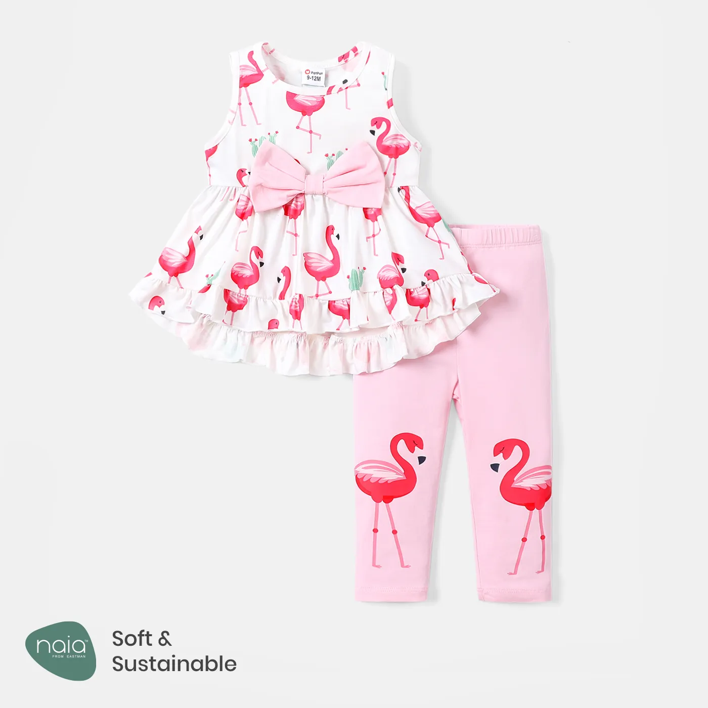 2pcs Baby Girl Cotton Leggings and Bow Front Flamingo Print Ruffle High Low Hem Naia™ Tank Top Set Pink big image 1