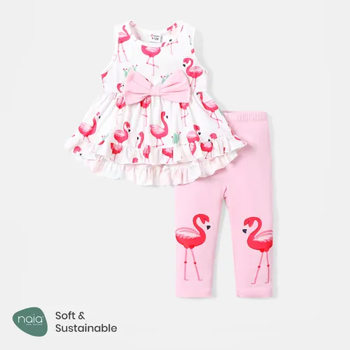 2pcs Baby Girl Cotton Leggings and Bow Front Flamingo Print Ruffle High Low Hem Naia™ Tank Top Set