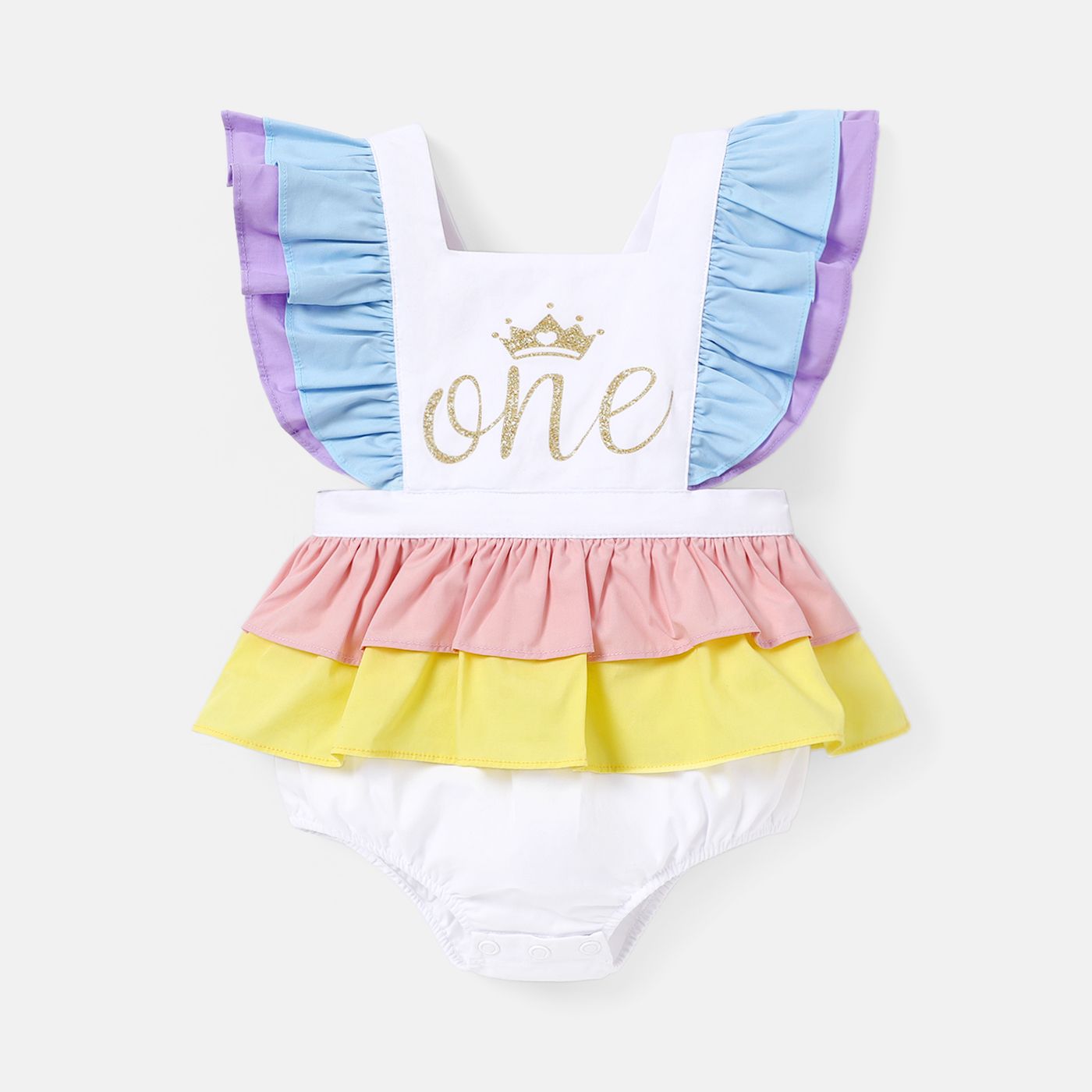 

Baby Girl 100% Cotton Letter & Crown Graphic Colorful Ruffle Trim Spliced Romper