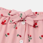 2pcs Toddler Girl Ruffled Ribbed Long-sleeve Tee and Floral Print Button Design Belted Skirt Set Pink image 4