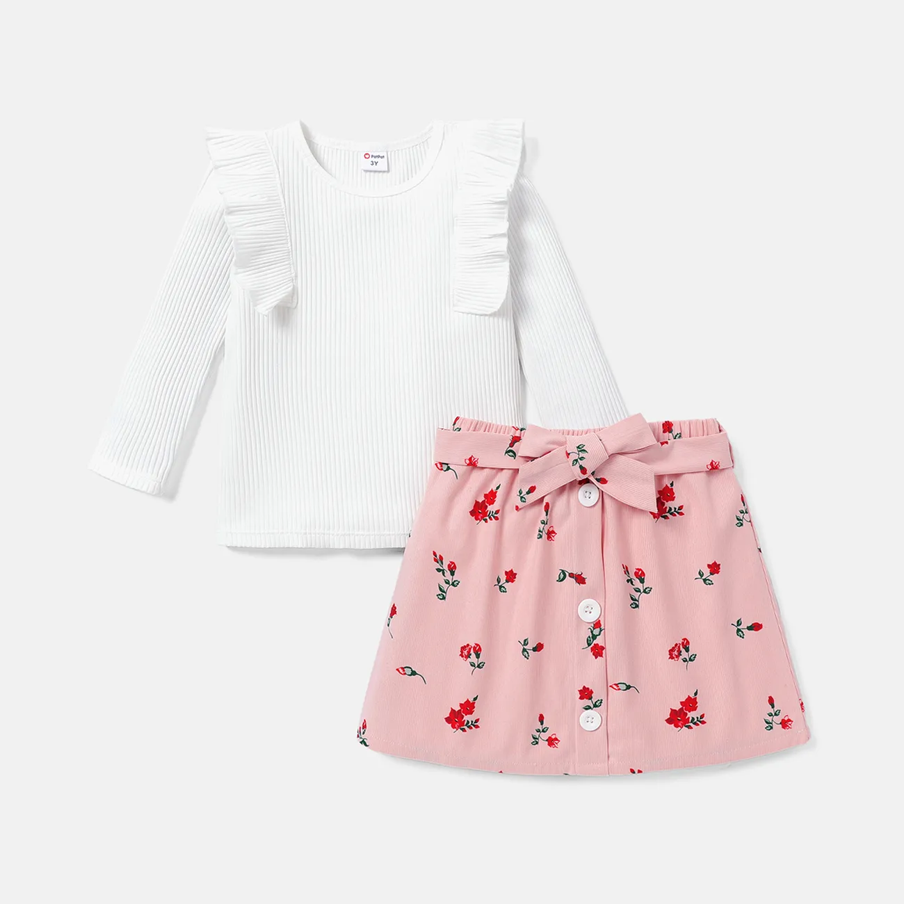 2pcs Toddler Girl Ruffled Ribbed Long-sleeve Tee and Floral Print Button Design Belted Skirt Set Pink big image 1