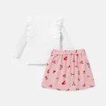 2pcs Toddler Girl Ruffled Ribbed Long-sleeve Tee and Floral Print Button Design Belted Skirt Set Pink image 2