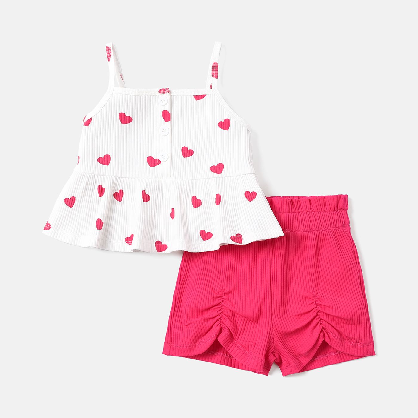 

2pcs Toddler Girl Cotton Heart Print Button Design Camisole and Ruched Shorts Set