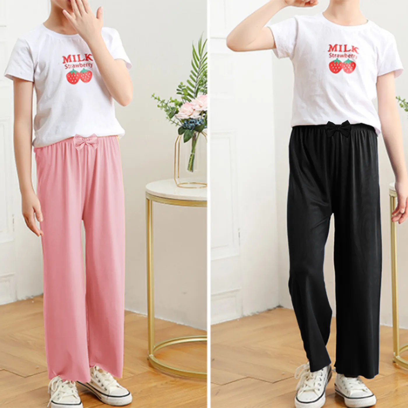 Kid Girl 3D Bowknot Design Solid Color Elasticized Straight Pants Pink image 2