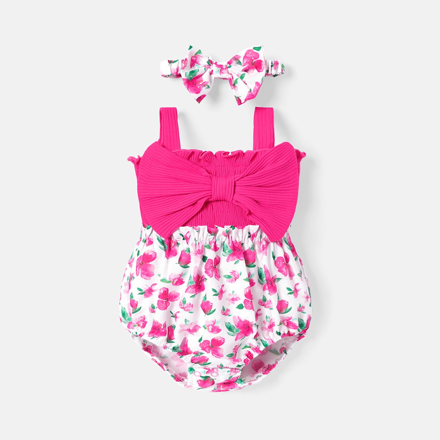 2pcs Baby Girl Solid & Floral-print Spliced Bow Front Sleeveless Romper With Headband Set