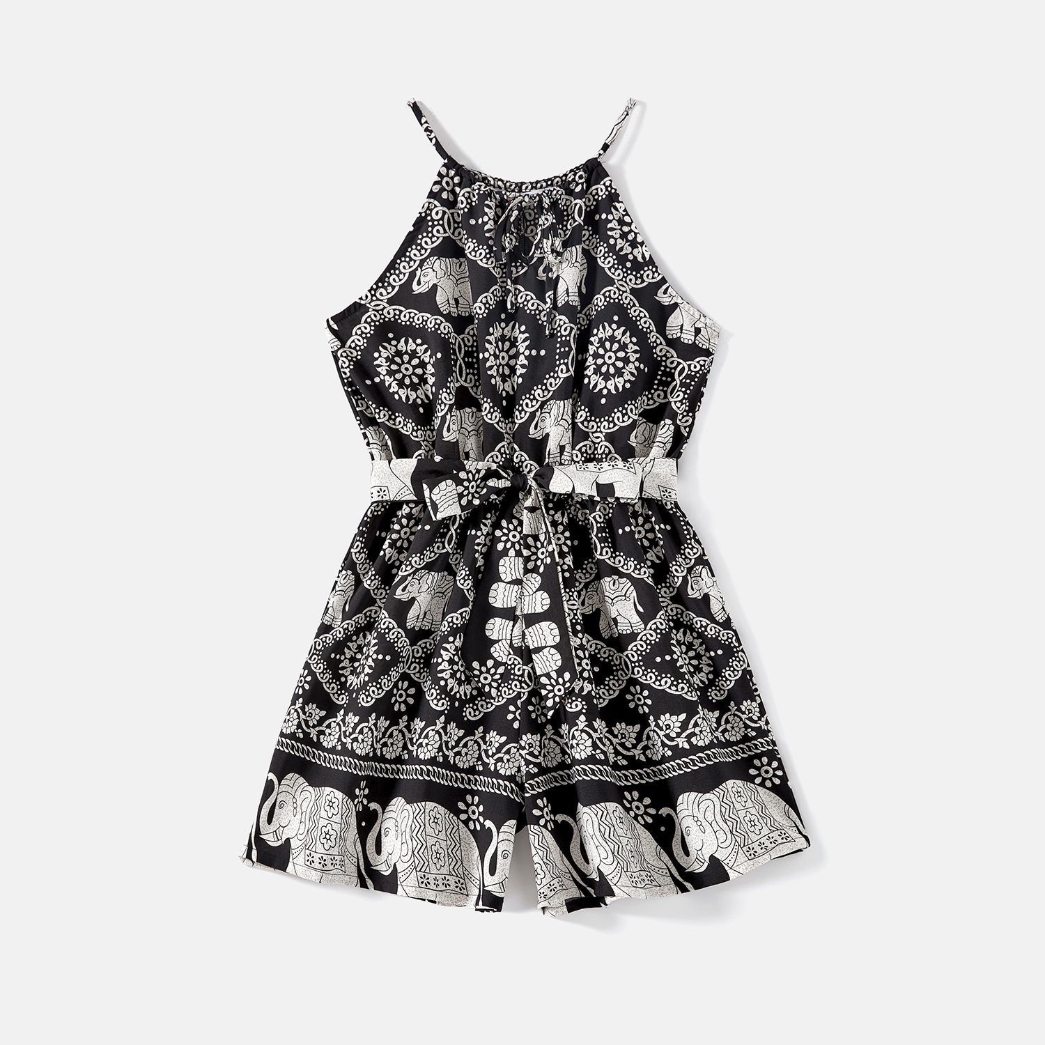 Mommy And Me Allover Elephant Print Spaghetti Strap Belted Rompers
