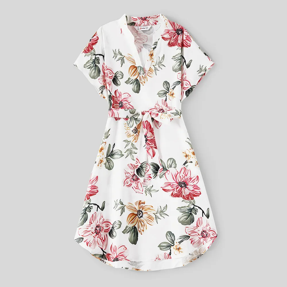 Family Matching Allover Floral Print Notched Neck Belted Dresses and Short-sleeve Colorblock T-shirts Sets  big image 13