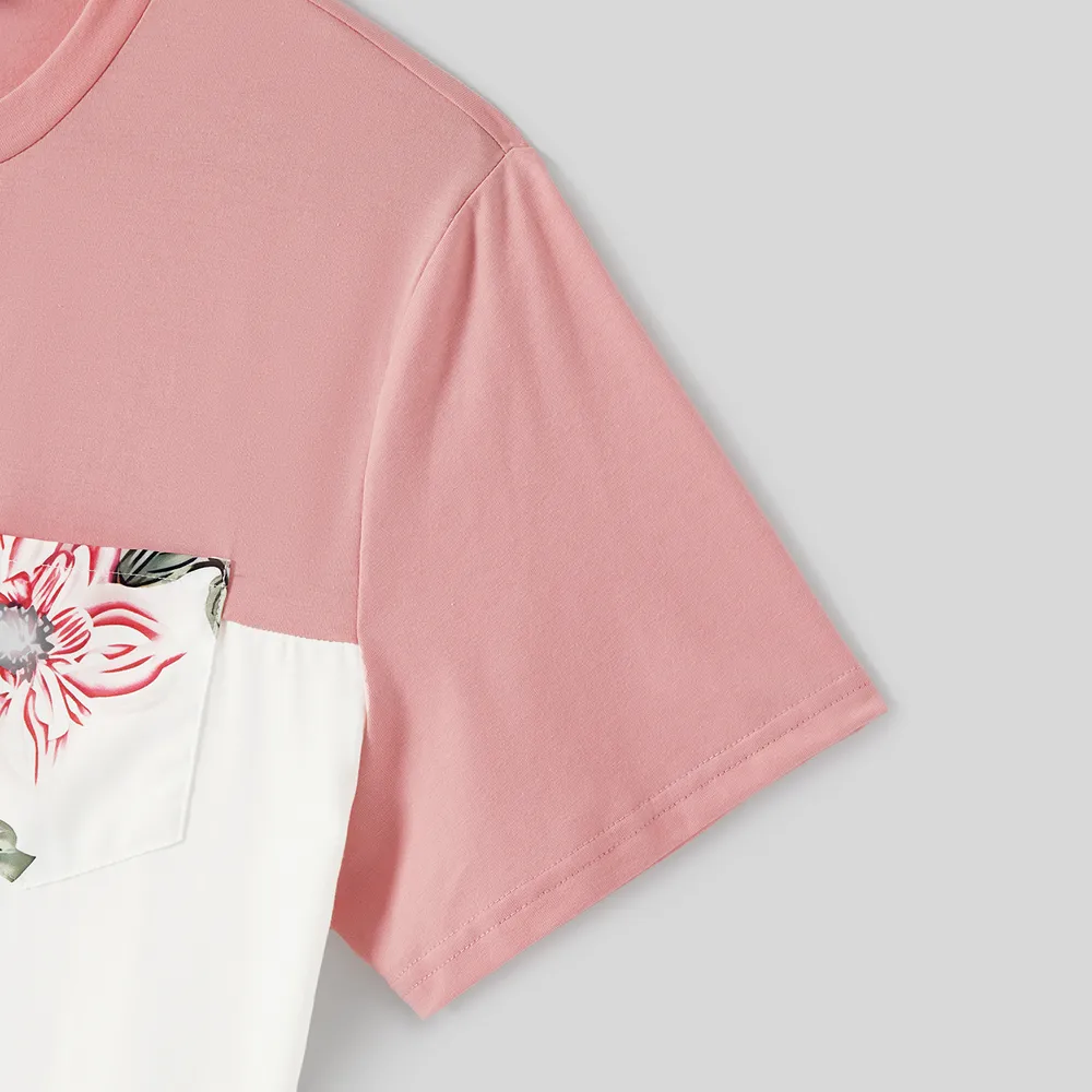 Family Matching Allover Floral Print Notched Neck Belted Dresses and Short-sleeve Colorblock T-shirts Sets big image 8