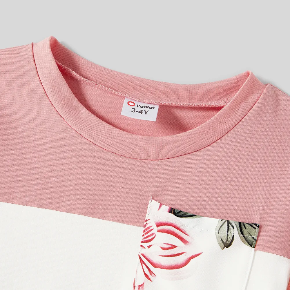 Family Matching Allover Floral Print Notched Neck Belted Dresses and Short-sleeve Colorblock T-shirts Sets big image 6