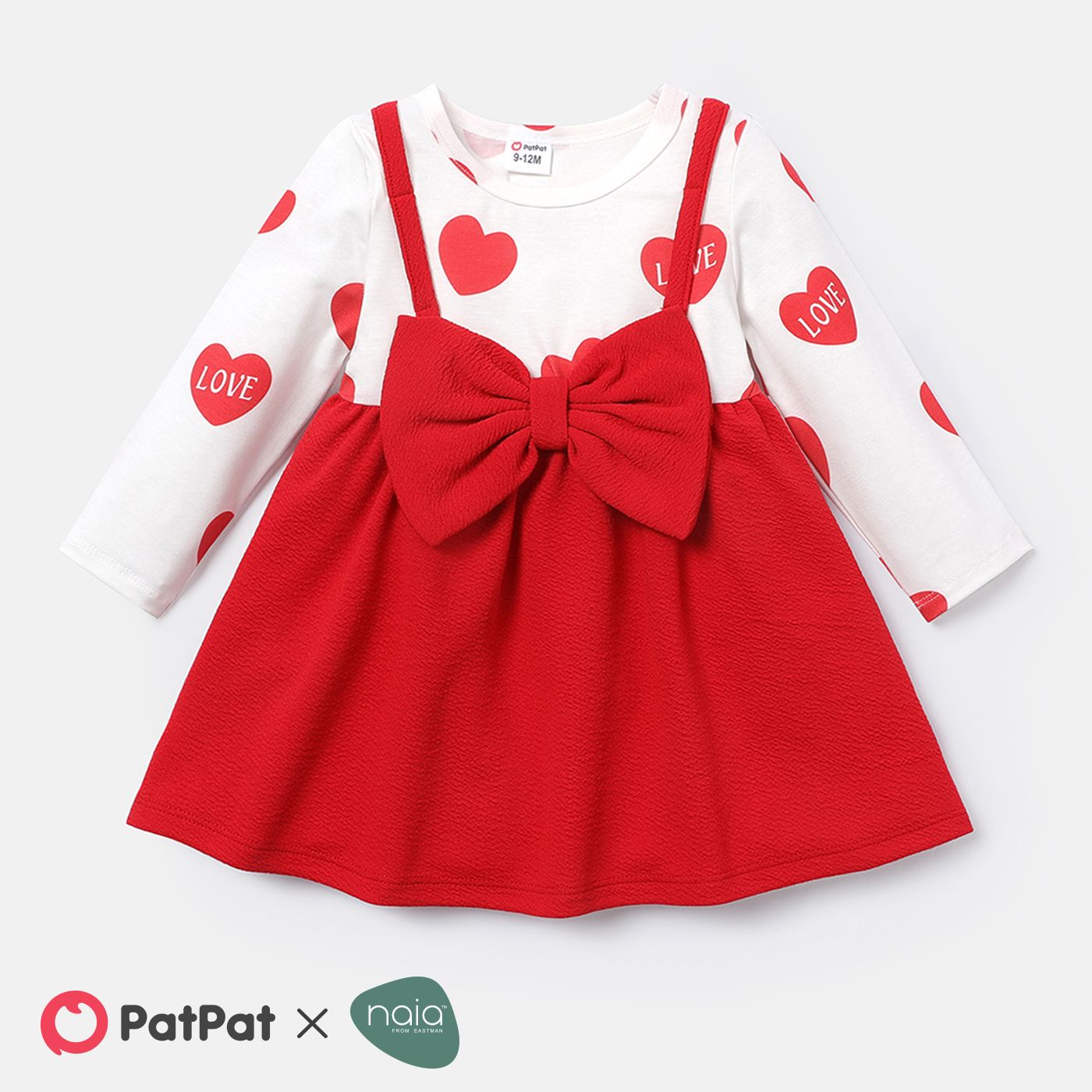 Baby Girl Bow Front Solid & Heart-print Naiatm Spliced Long-sleeve Dress