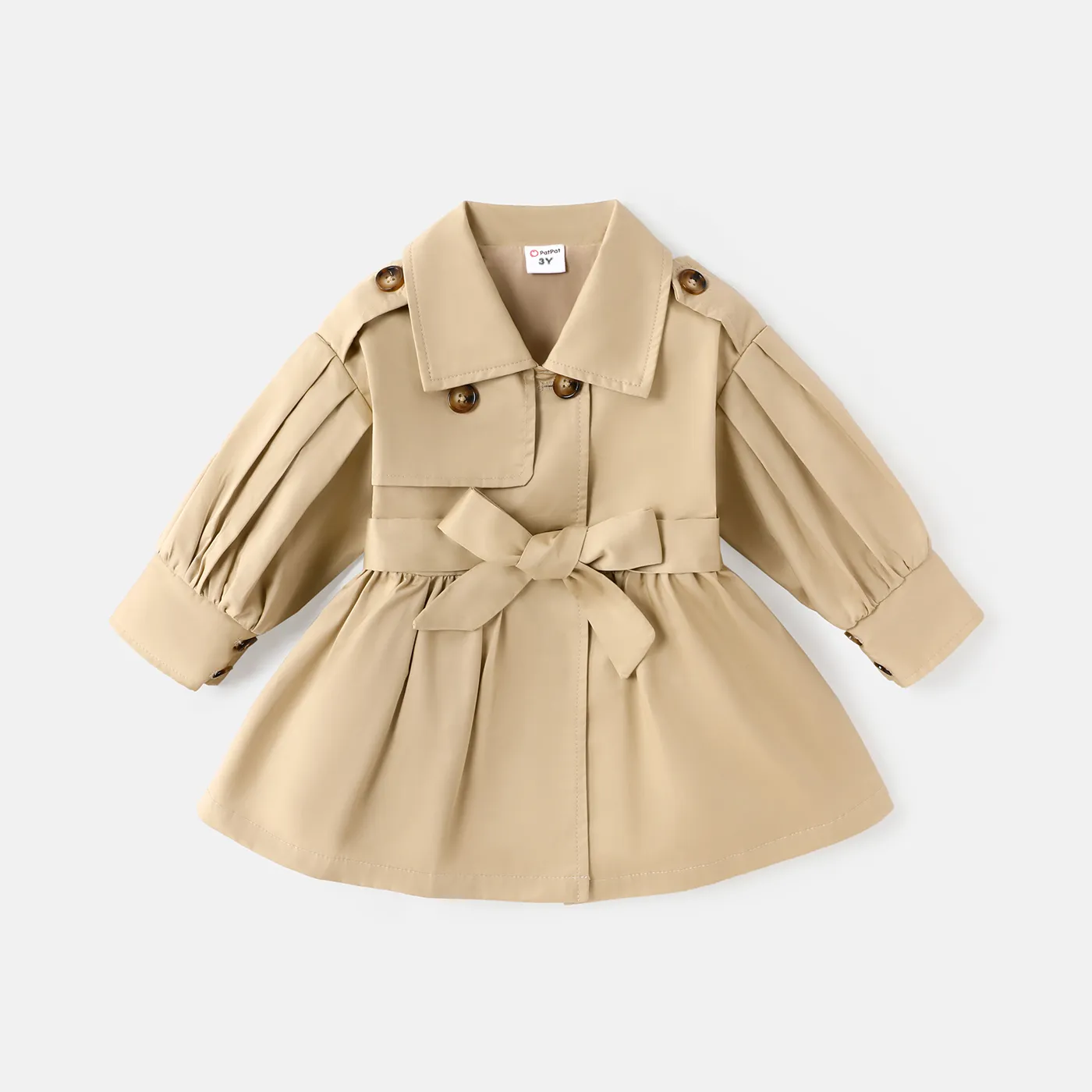 

Toddler Girl 100% Cotton Double Breasted Lapel Collar Belted Trench Coat