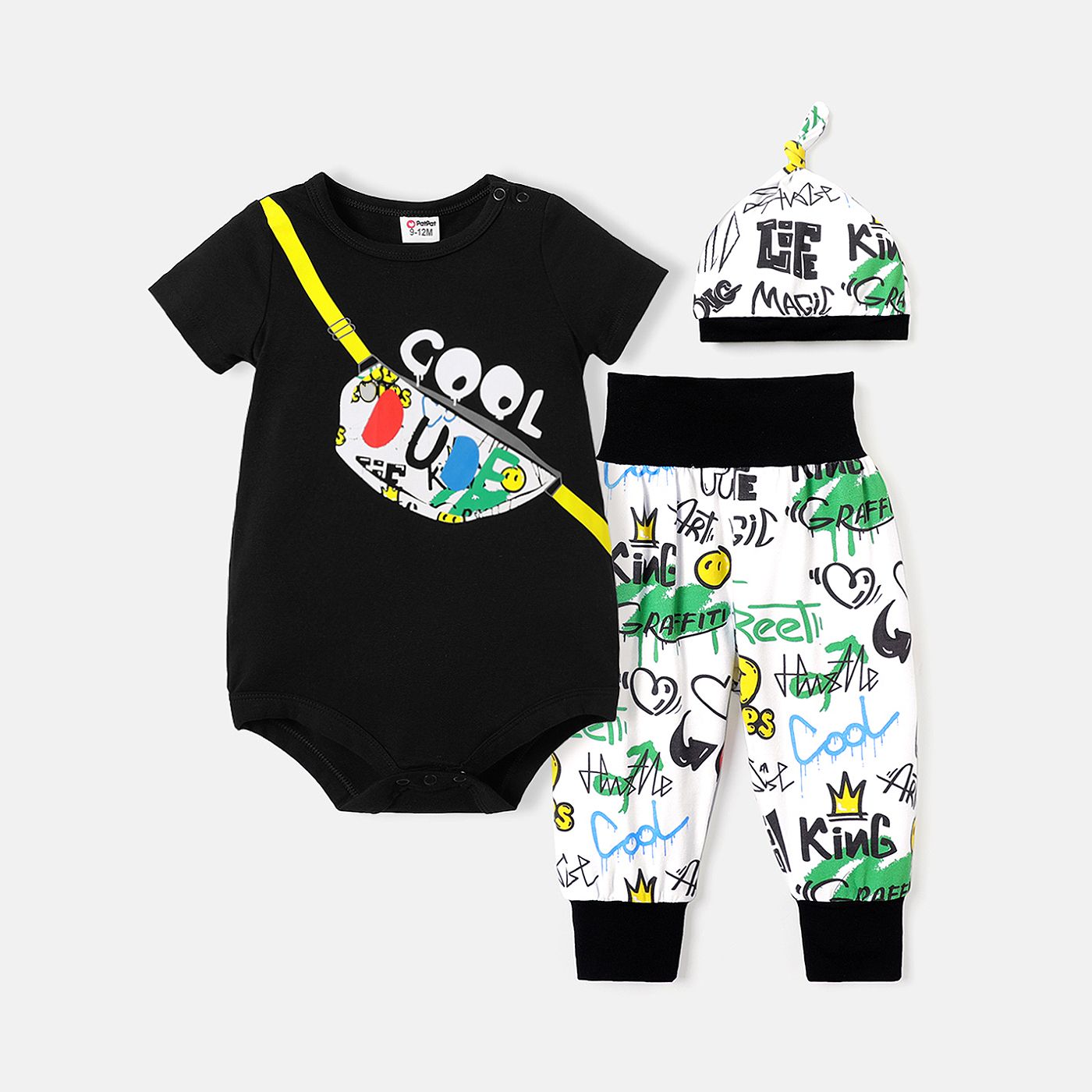 

3pcs Baby Boy Cotton Short-sleeve Graphic Romper and Allover Print Pants & Hat Set